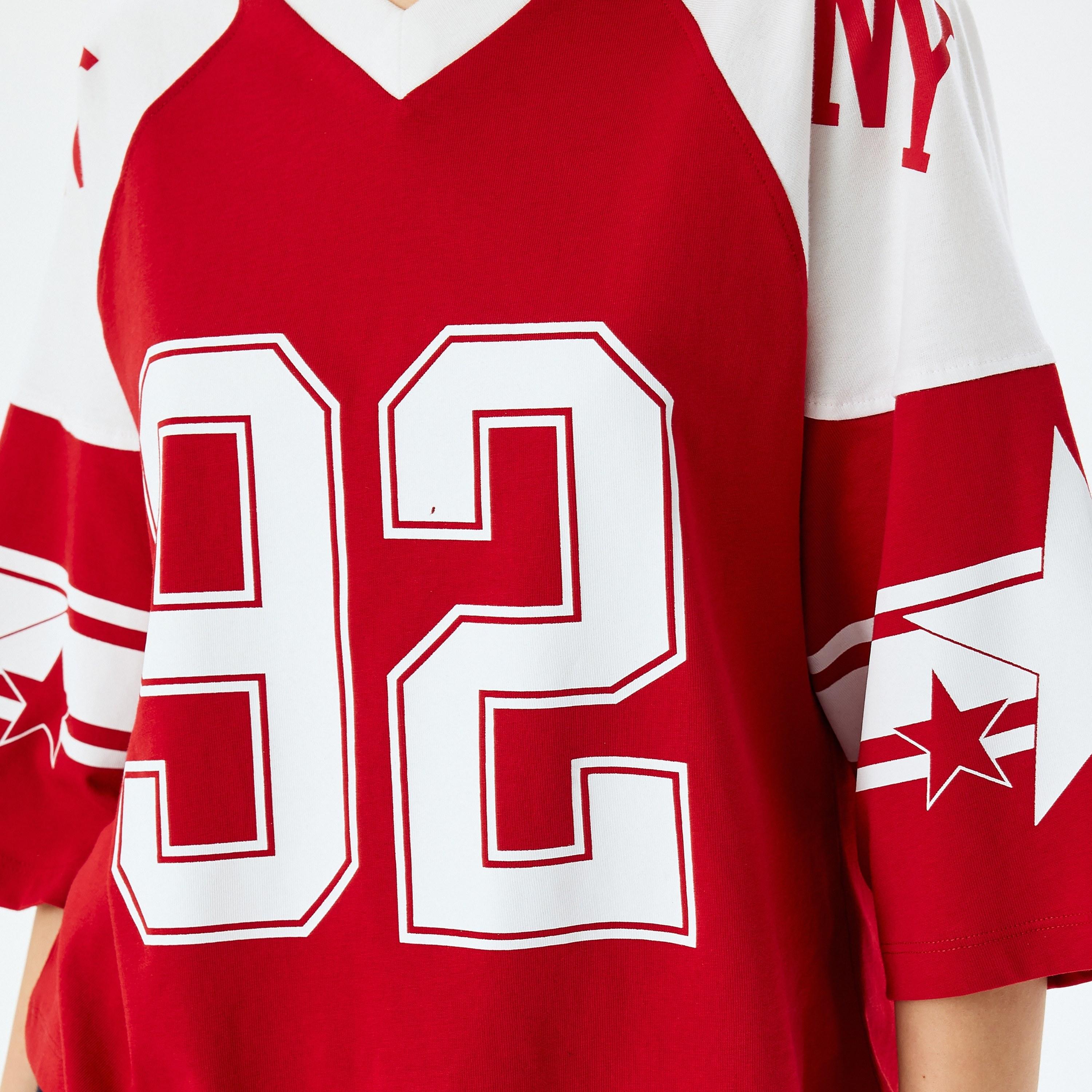 Koton Red Graphic Print V-Neck Dropped Raglan Sleeves Women's Varsity T-Shirt-women-clothing-tshirts-image-4