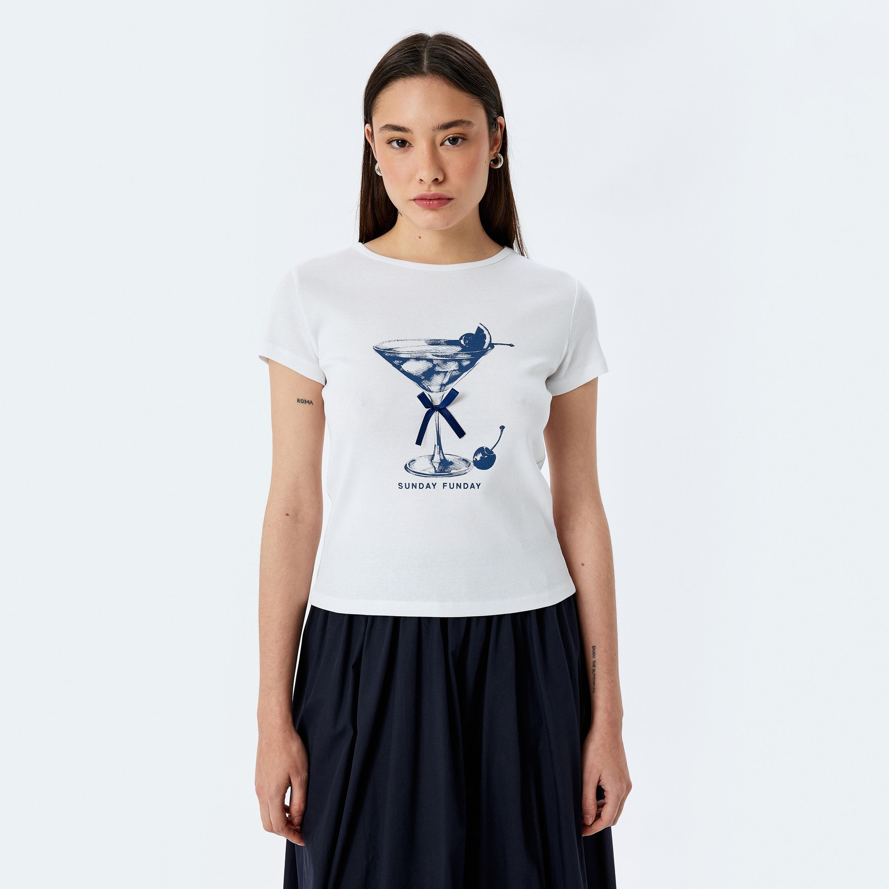 Koton White Printed Crew Neck Short Sleeves Women's T-Shirt-women-clothing-tshirts-image-1