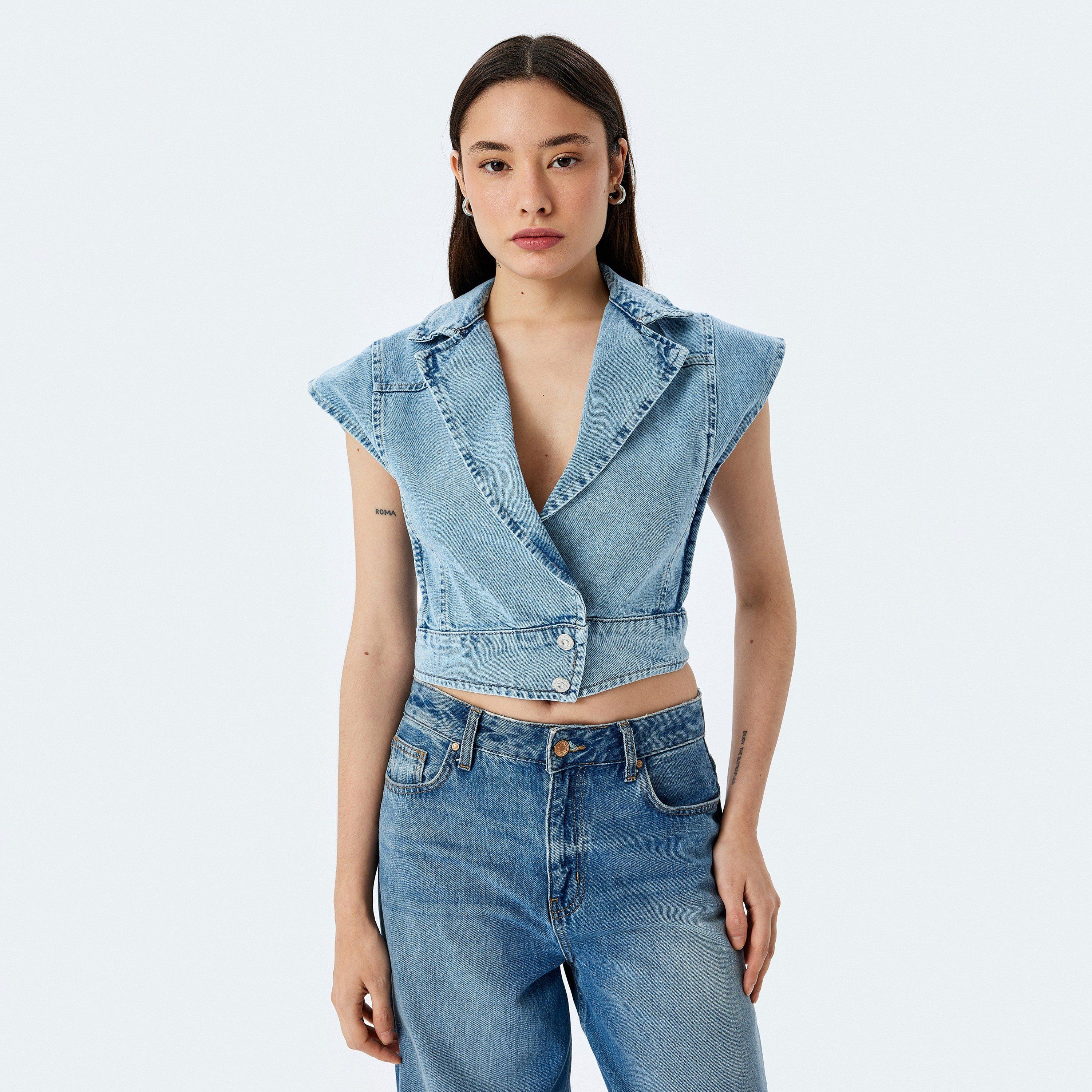 Koton Blue Wash Notch Collar Short Sleeves Women's Denim Vest-women-winterwear-coatsandjackets-waistcoats-image-1