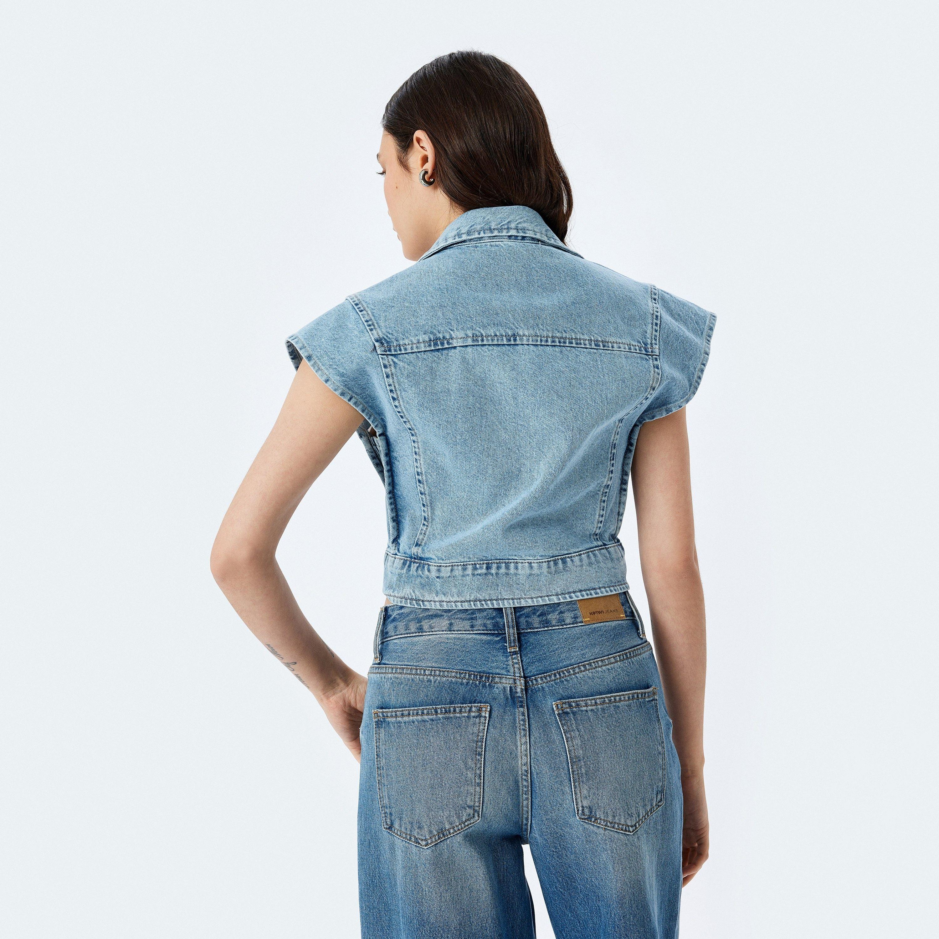 Koton Blue Wash Notch Collar Short Sleeves Women's Denim Vest-women-winterwear-coatsandjackets-waistcoats-image-3