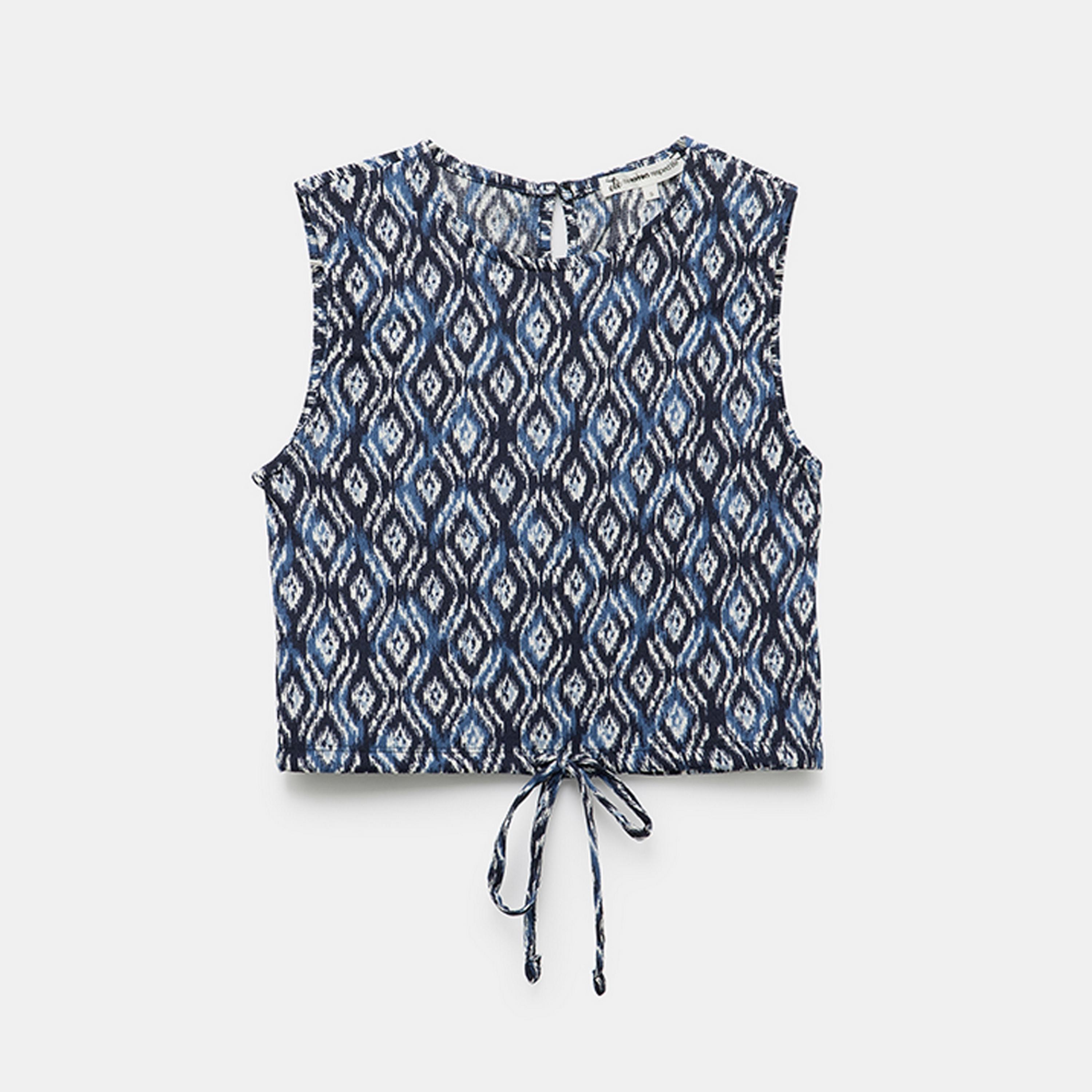 KOTON Blue Geometric Ikat Print Crew Neck Sleeveless Women's Crop Top-women-clothing-shirtsandblouses-blouses-image-4
