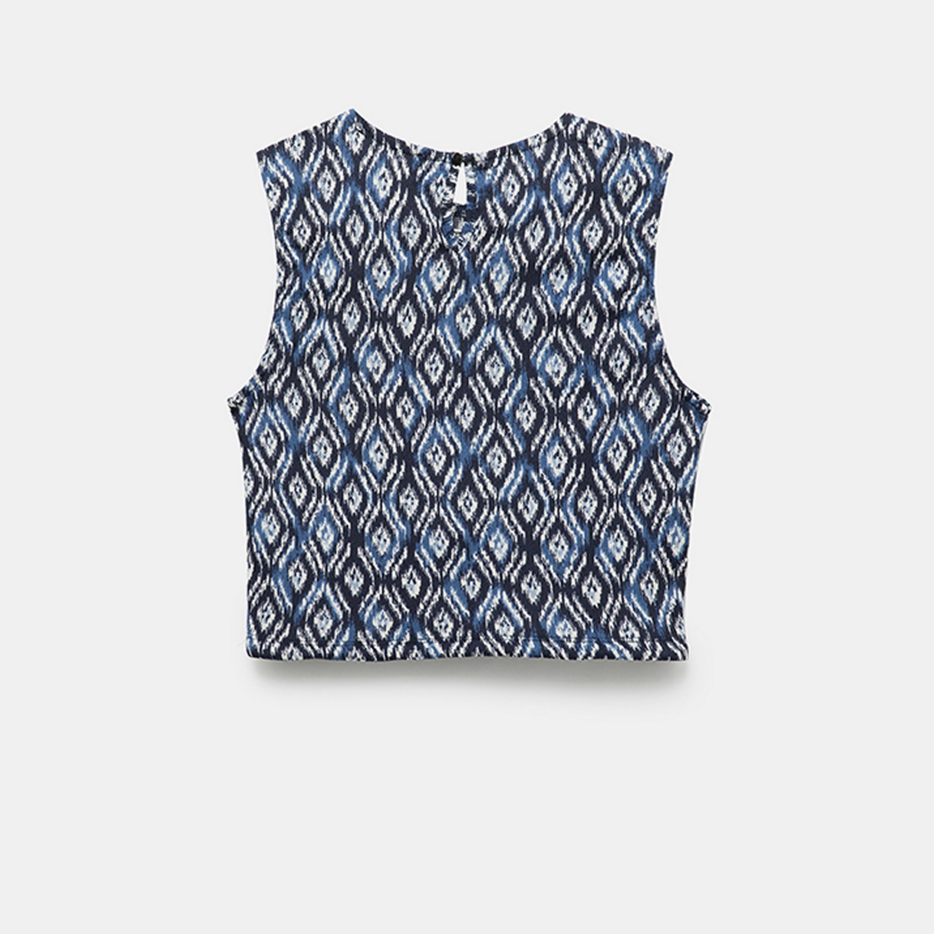 KOTON Blue Geometric Ikat Print Crew Neck Sleeveless Women's Crop Top-women-clothing-shirtsandblouses-blouses-image-5