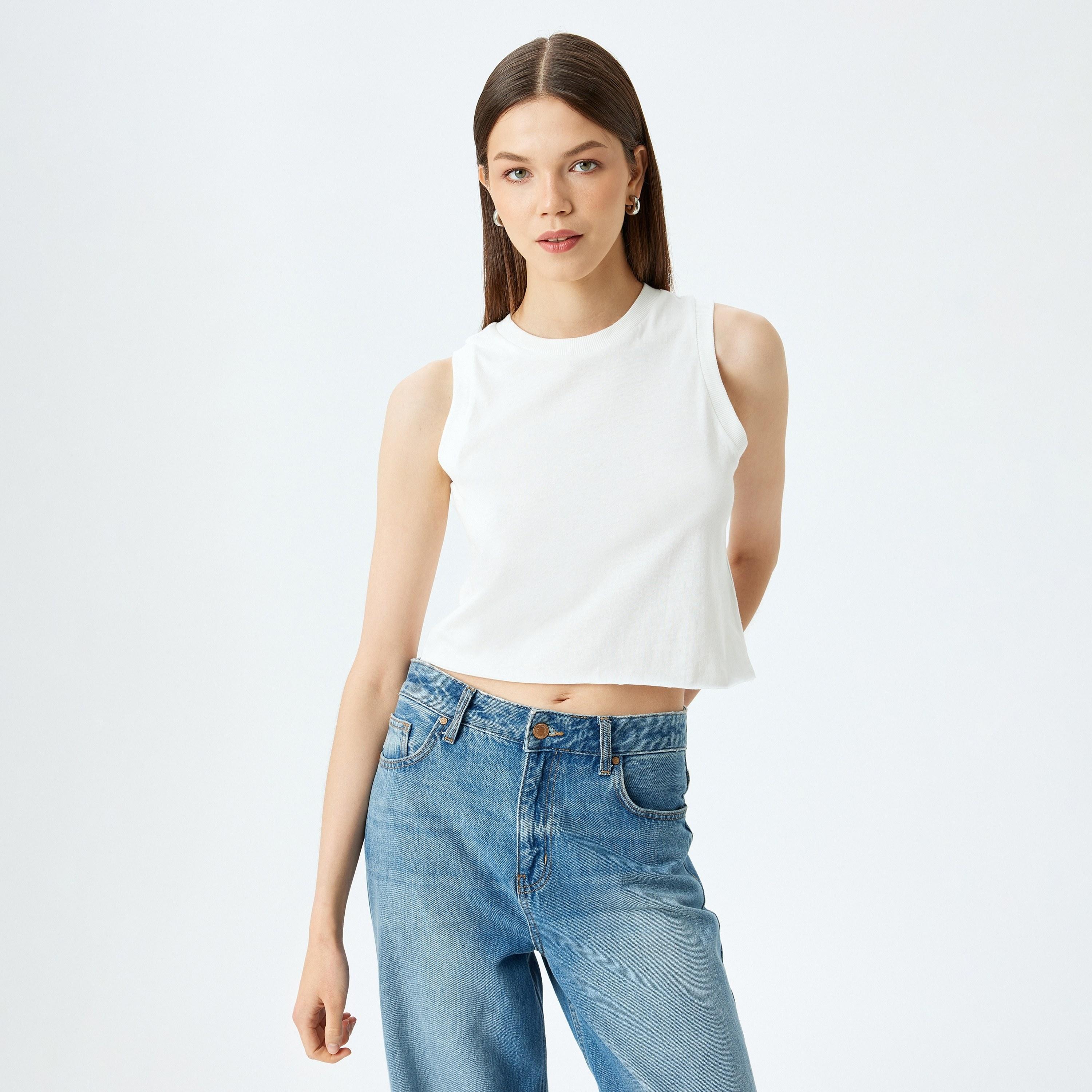Koton White Plain Round Neck Sleeveless Women's Tank Top-women-clothing-shirtsandblouses-blouses-image-1