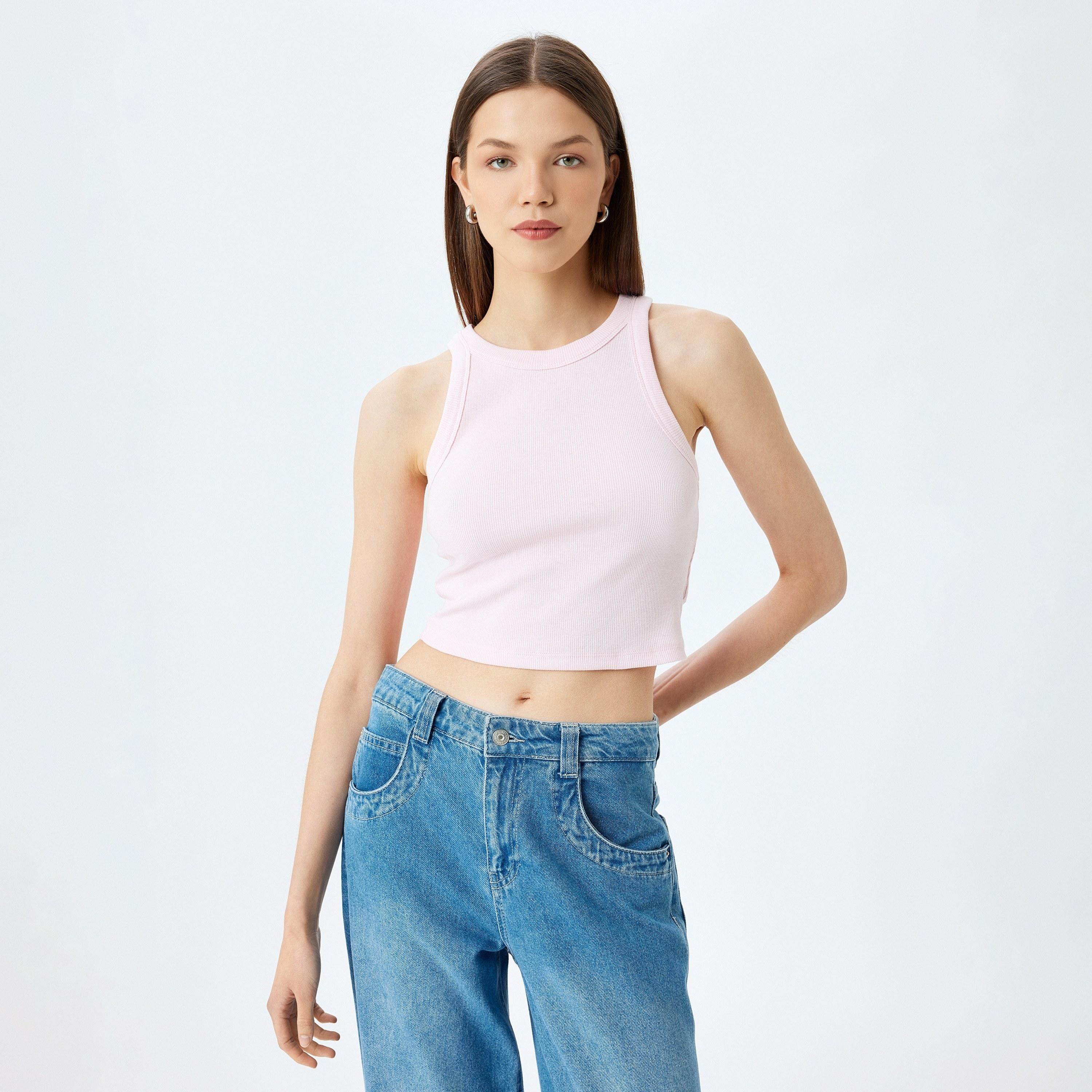 Koton Pink Textured Round Neck Sleeveless Women's Tank Top-women-clothing-shirtsandblouses-blouses-image-1