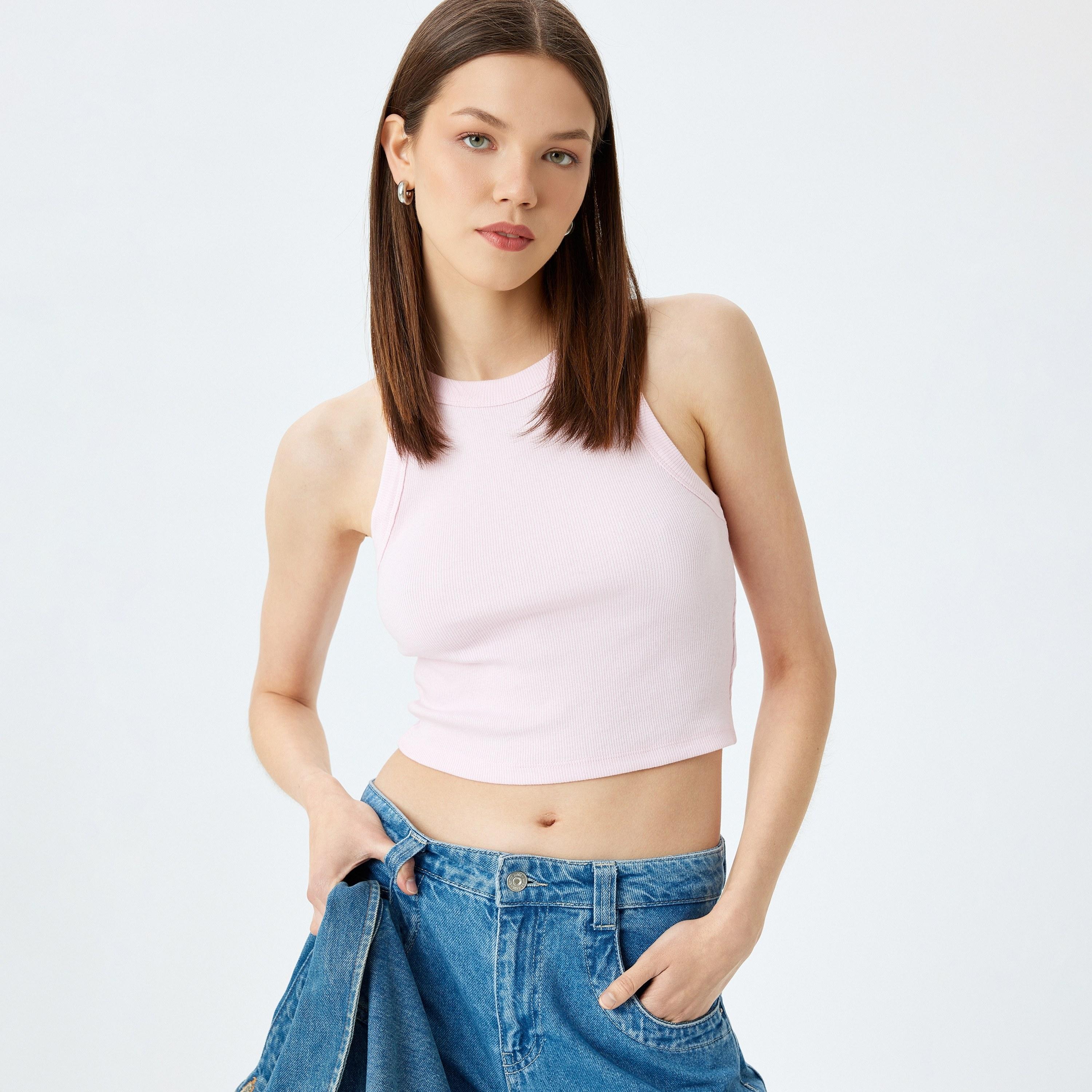 Koton Pink Textured Round Neck Sleeveless Women's Tank Top-women-clothing-shirtsandblouses-blouses-image-2