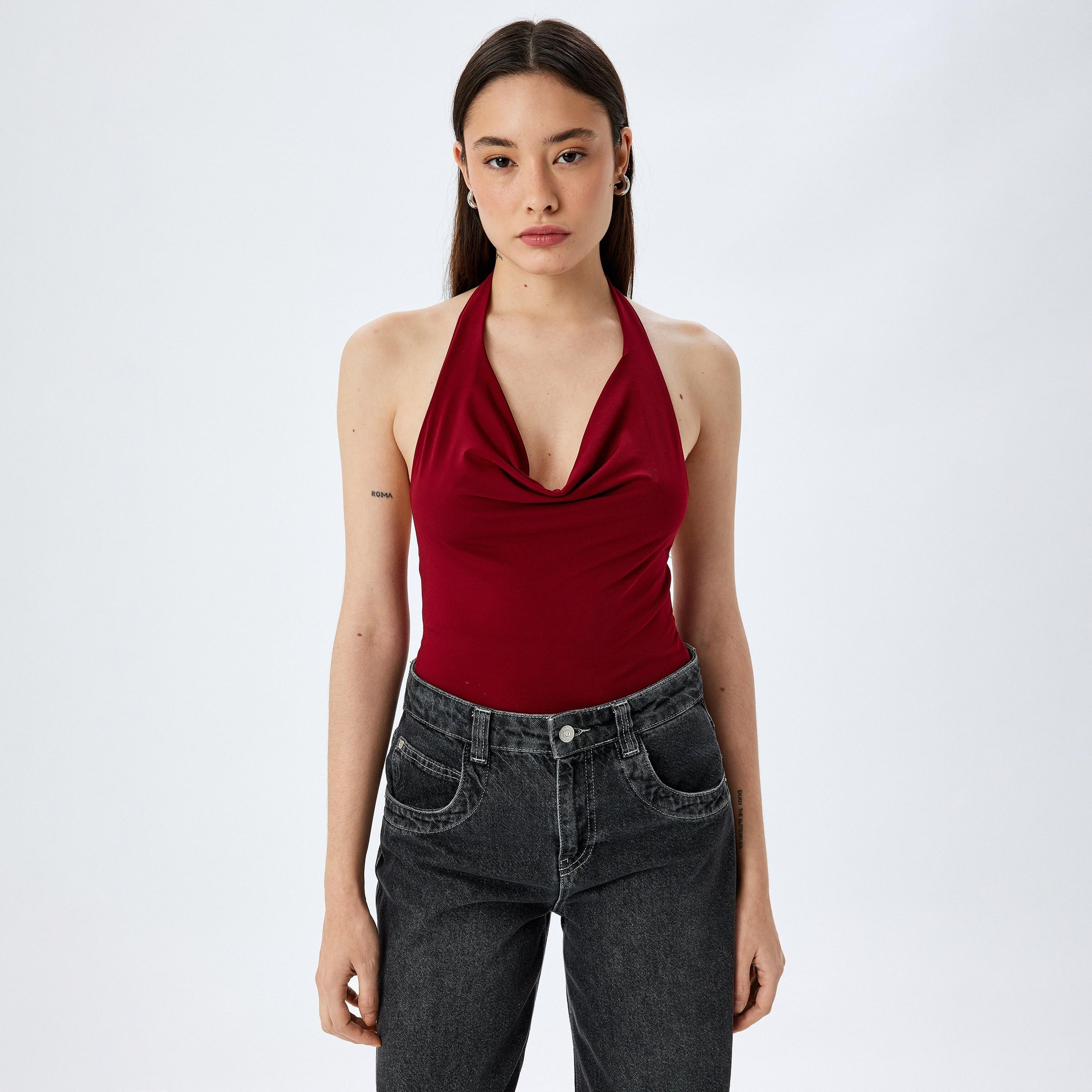 Koton Red Plain Halter Neck Sleeveless Women's Bodysuit-women-clothing-shirtsandblouses-blouses-image-1
