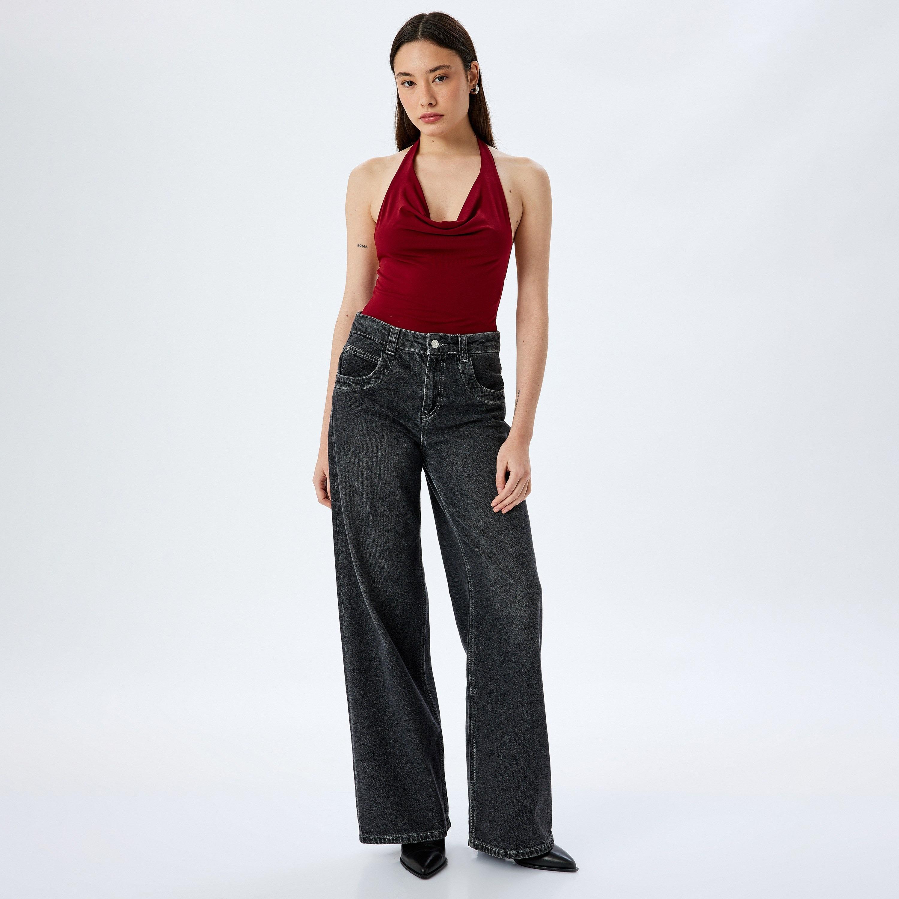 Koton Red Plain Halter Neck Sleeveless Women's Bodysuit-women-clothing-shirtsandblouses-blouses-image-2