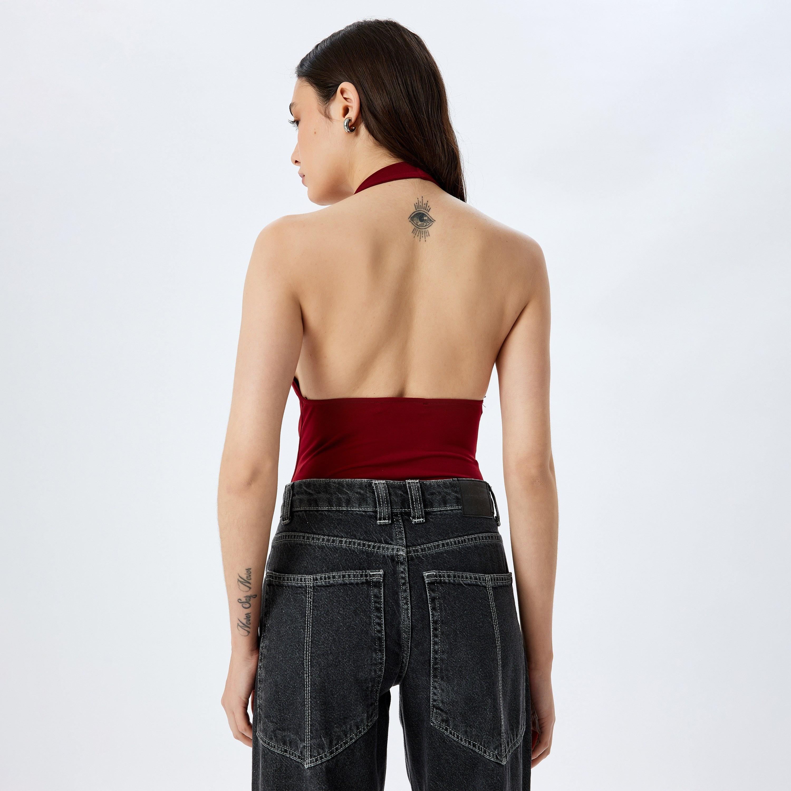 Koton Red Plain Halter Neck Sleeveless Women's Bodysuit-women-clothing-shirtsandblouses-blouses-image-3