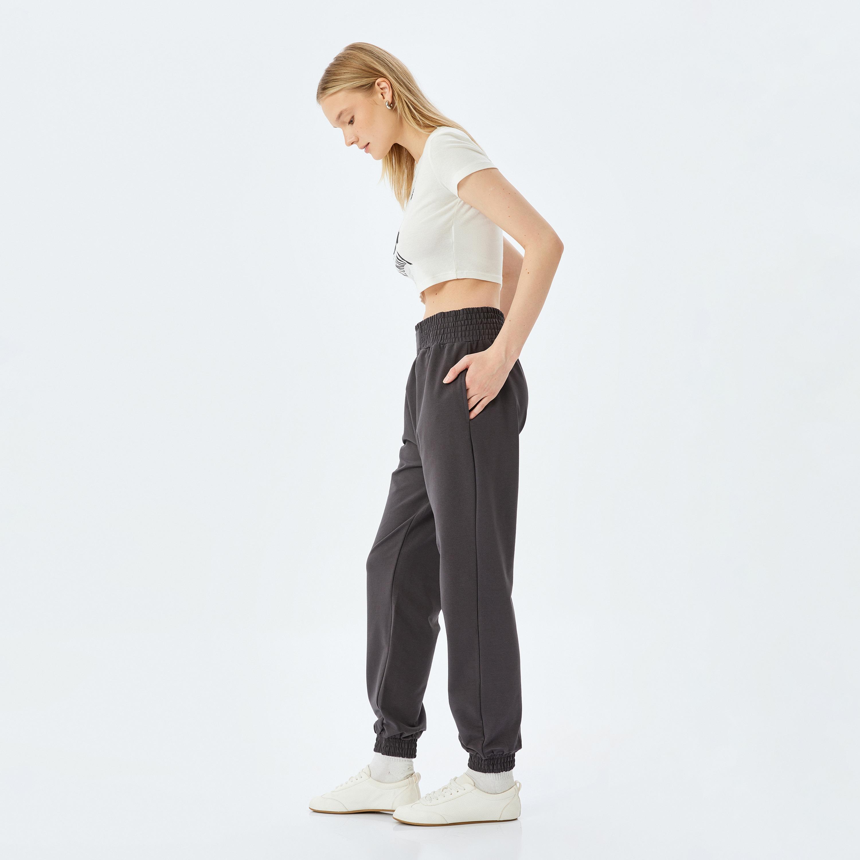 Koton Black Plain Elasticated Women's Joggers-women-clothing-bottoms-joggers-image-2