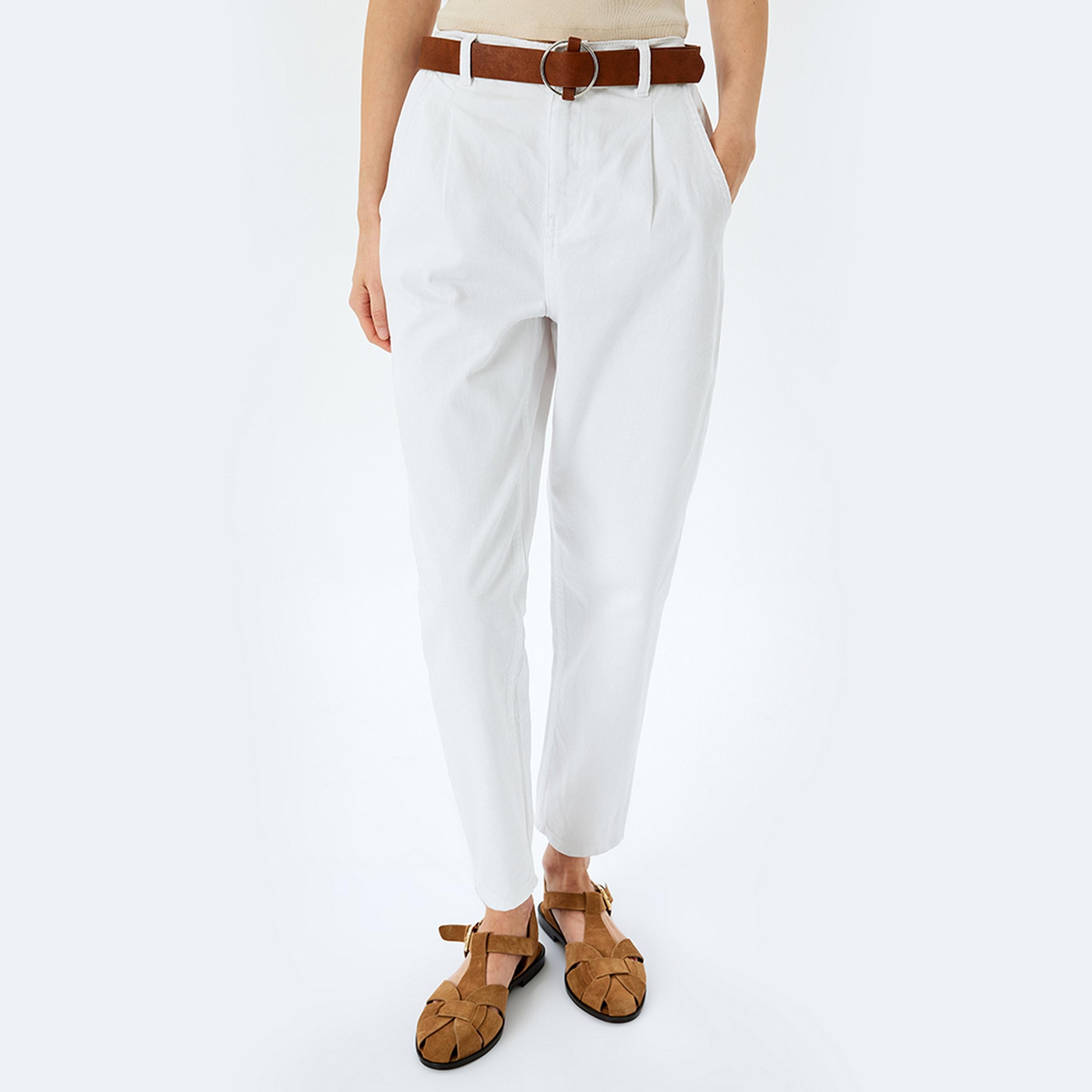 بنطلون نسائي من القطن مع زر وسحاب للإغلاق باللون الأبيض من كوتون.-women-clothing-bottoms-trousers-image-1