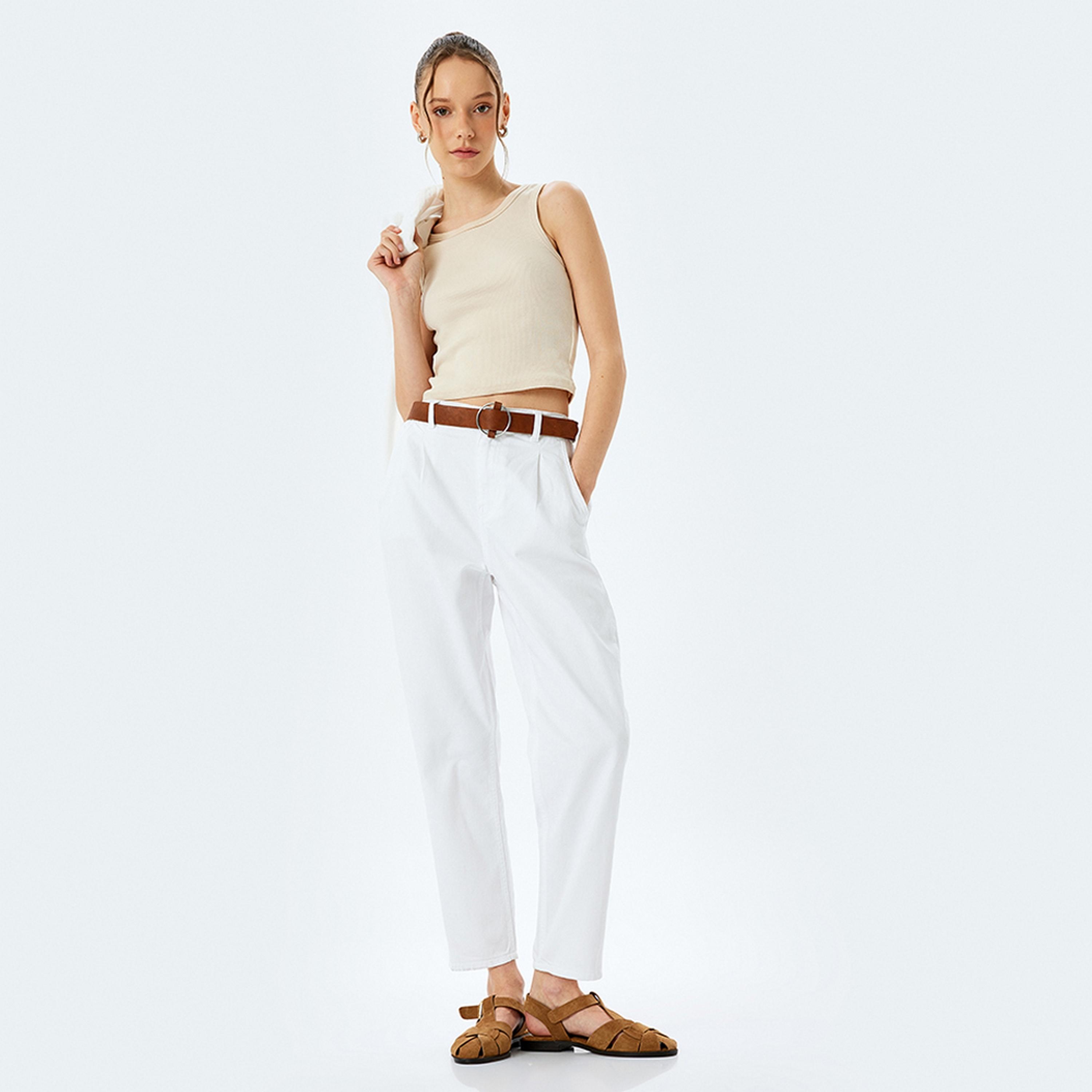 بنطلون نسائي من القطن مع زر وسحاب للإغلاق باللون الأبيض من كوتون.-women-clothing-bottoms-trousers-image-2