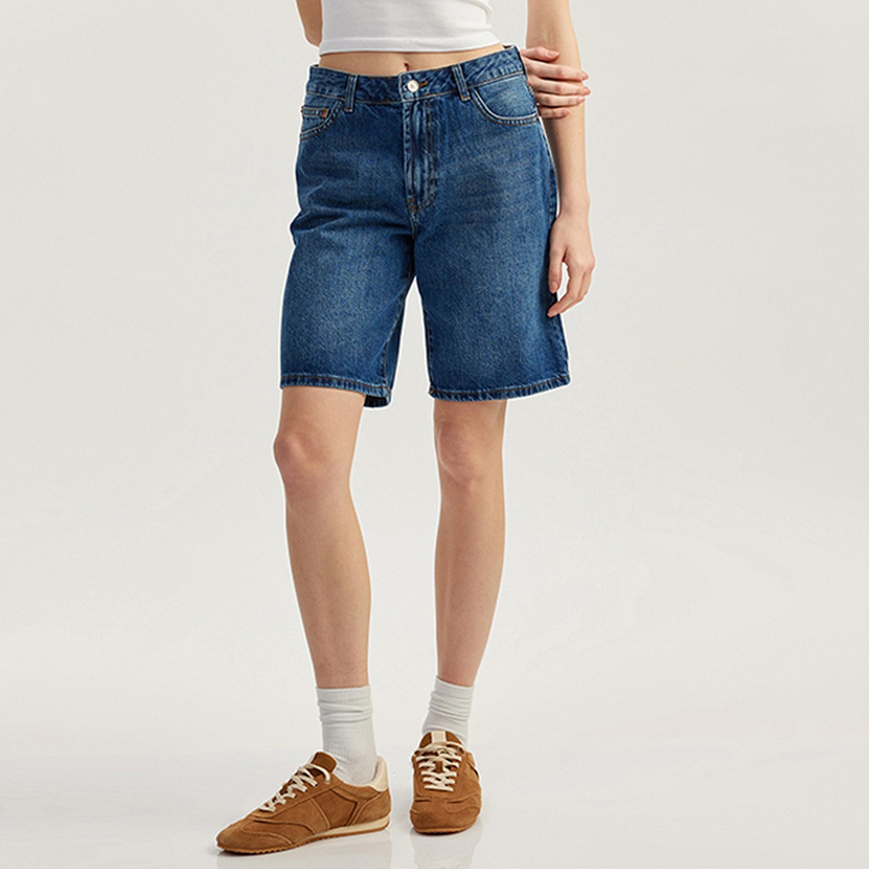 KOTON Blue Cotton Button & Zip Fly Women's Shorts-women-clothing-bottoms-shorts-image-1