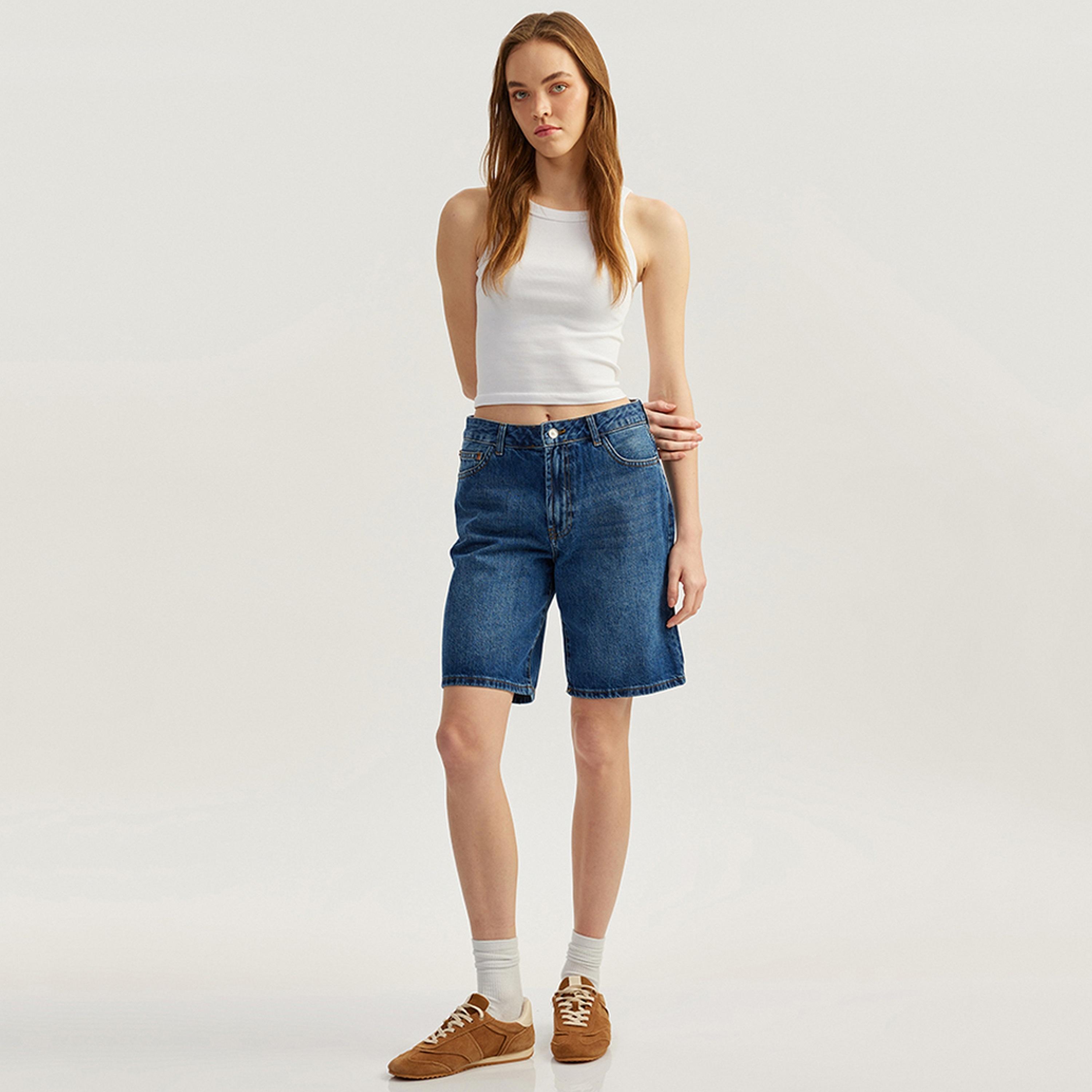 KOTON Blue Cotton Button & Zip Fly Women's Shorts-women-clothing-bottoms-shorts-image-2