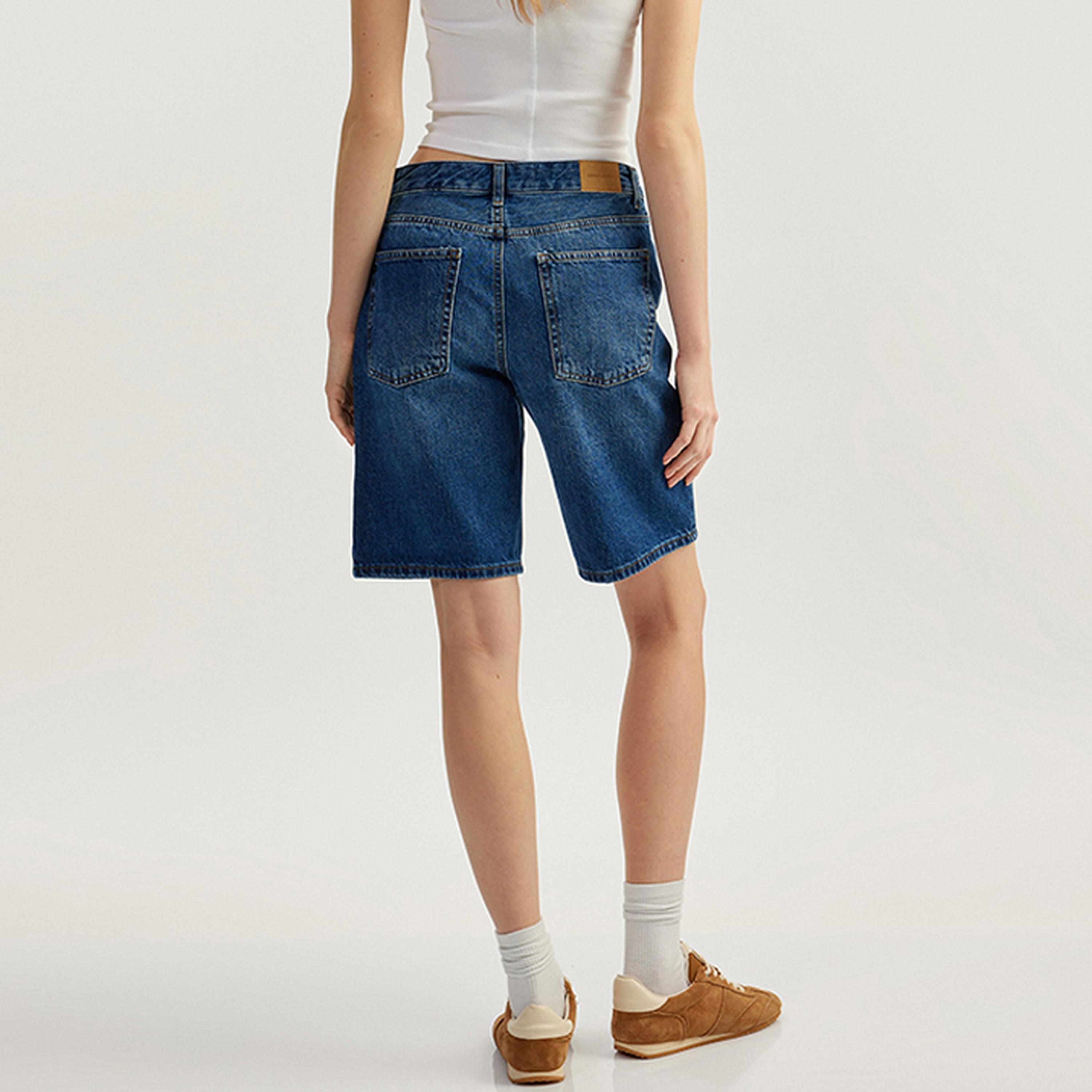 KOTON Blue Cotton Button & Zip Fly Women's Shorts-women-clothing-bottoms-shorts-image-3