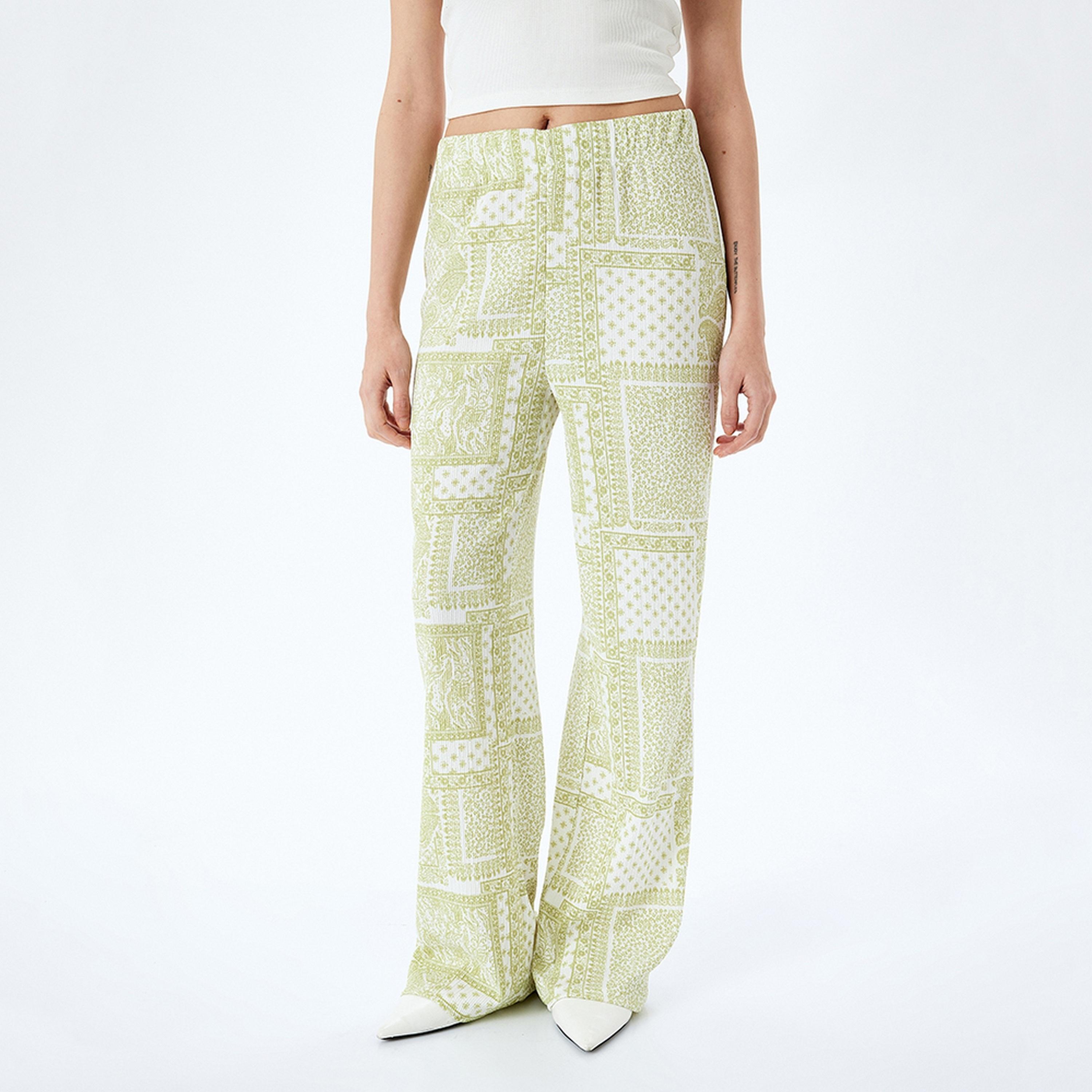 KOTON Green Paisley Elasticated Bootcut Women's Trousers-women-clothing-bottoms-trousers-image-1