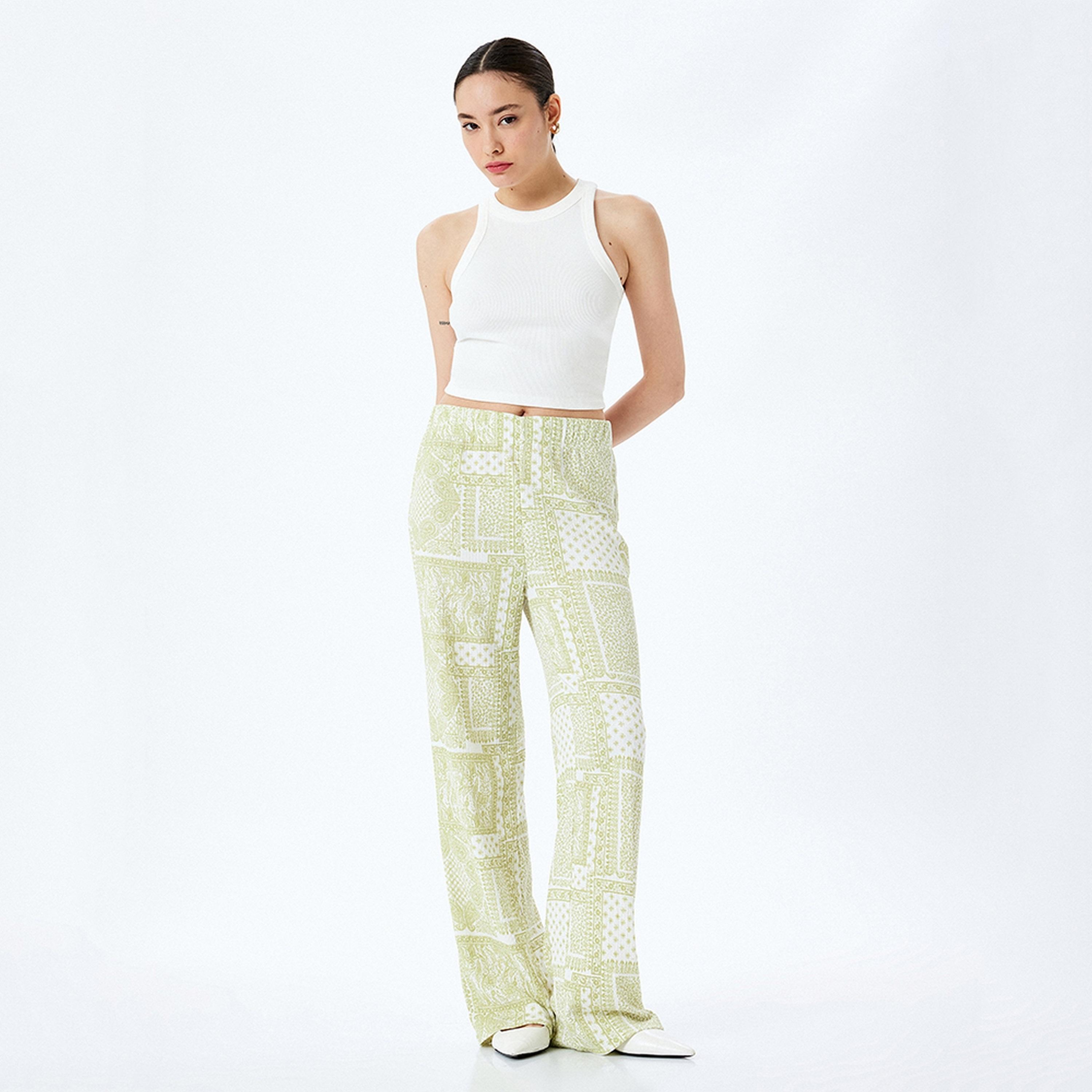 KOTON Green Paisley Elasticated Bootcut Women's Trousers-women-clothing-bottoms-trousers-image-2