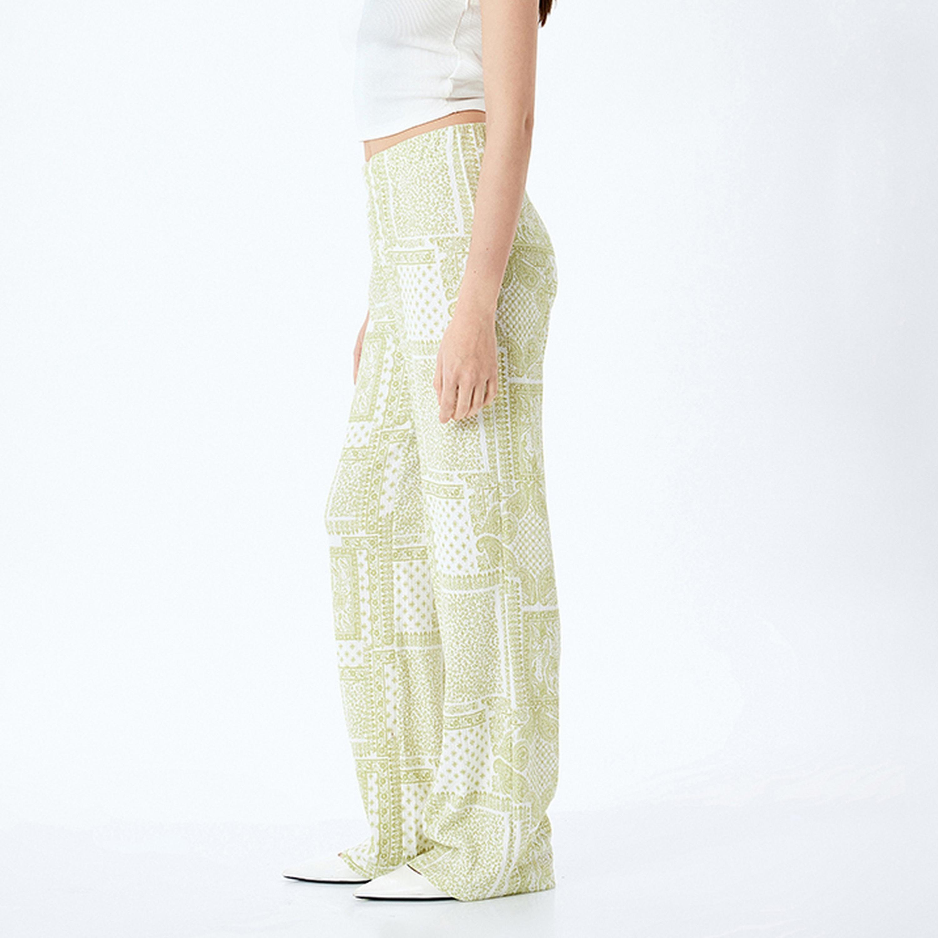 KOTON Green Paisley Elasticated Bootcut Women's Trousers-women-clothing-bottoms-trousers-image-4