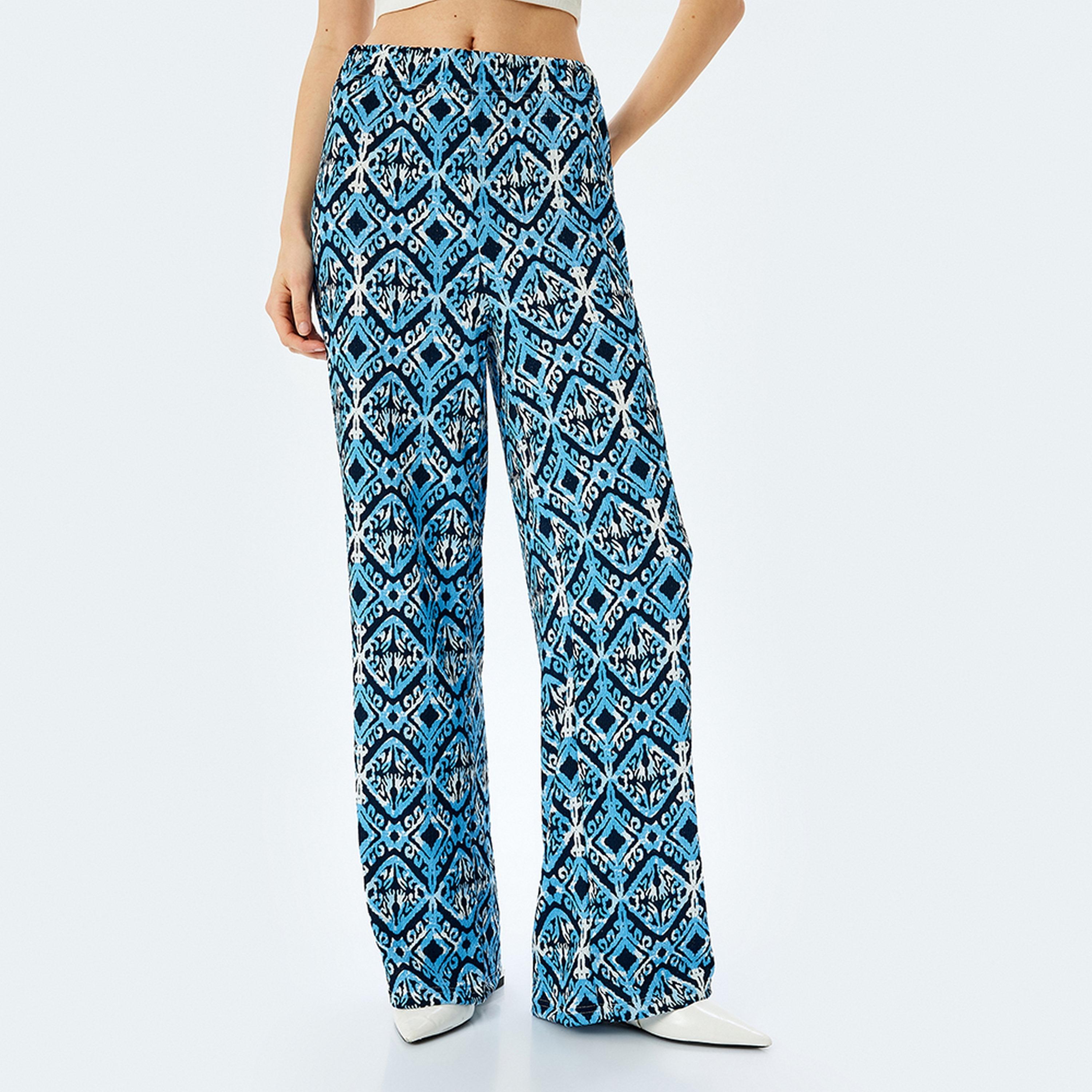 KOTON Blue Geometric Print Elasticated Wide Women's Trousers-women-clothing-bottoms-trousers-image-1
