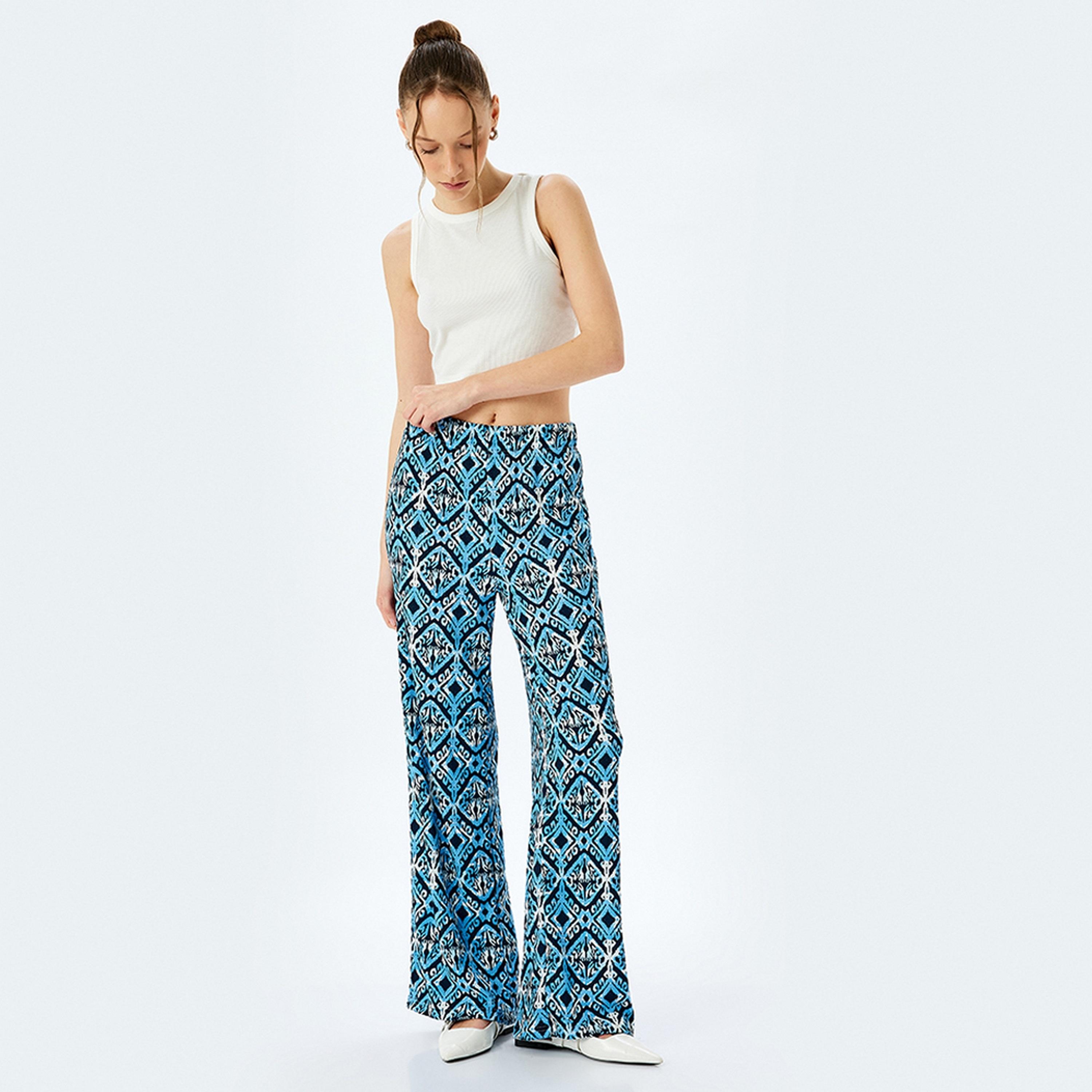 KOTON Blue Geometric Print Elasticated Wide Women's Trousers-women-clothing-bottoms-trousers-image-2