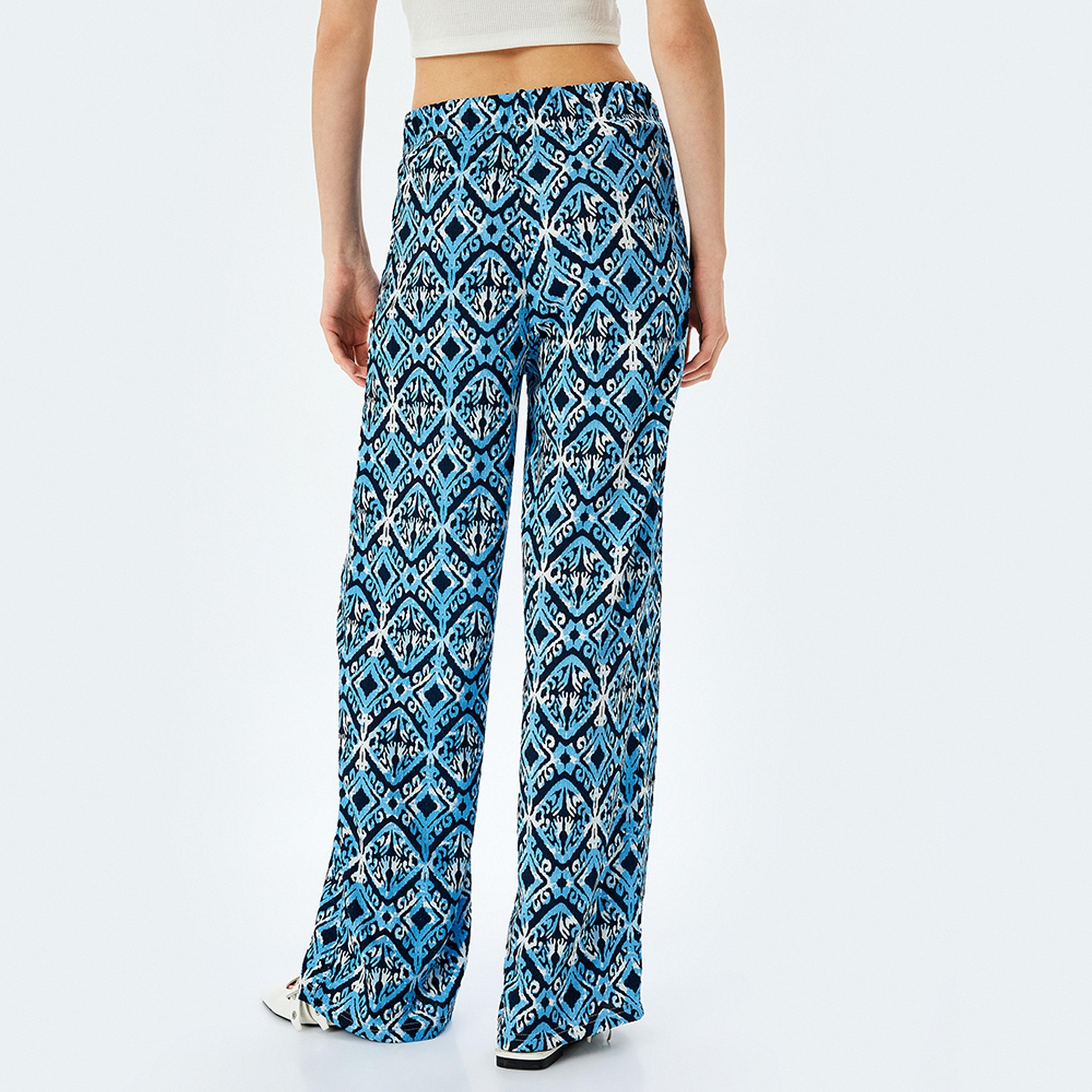 KOTON Blue Geometric Print Elasticated Wide Women's Trousers-women-clothing-bottoms-trousers-image-3
