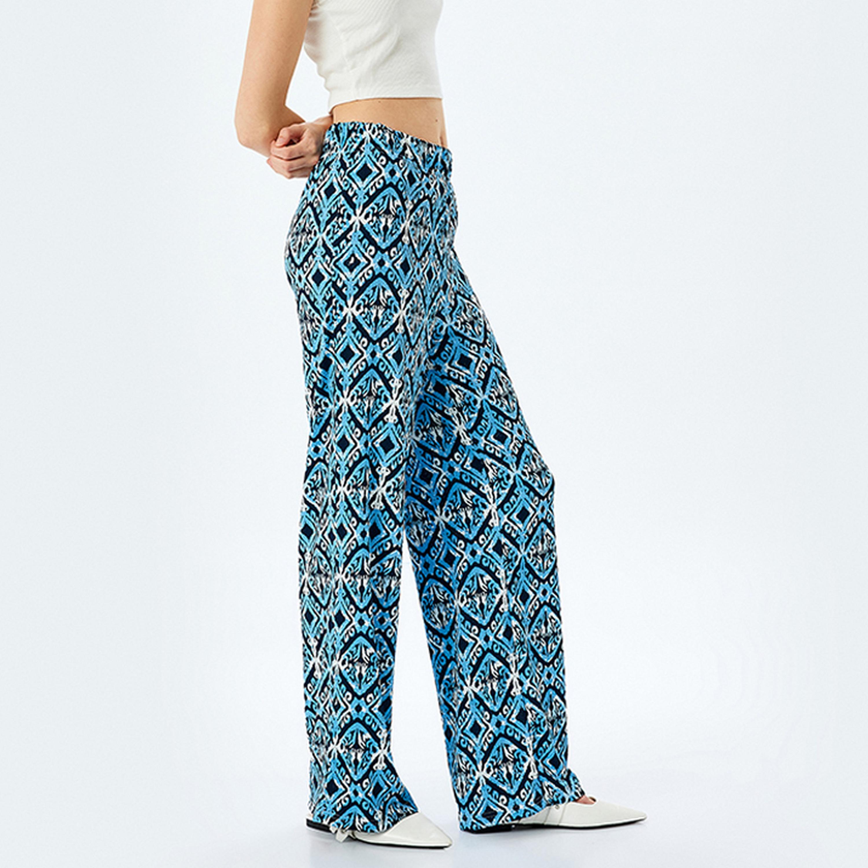 KOTON Blue Geometric Print Elasticated Wide Women's Trousers-women-clothing-bottoms-trousers-image-4