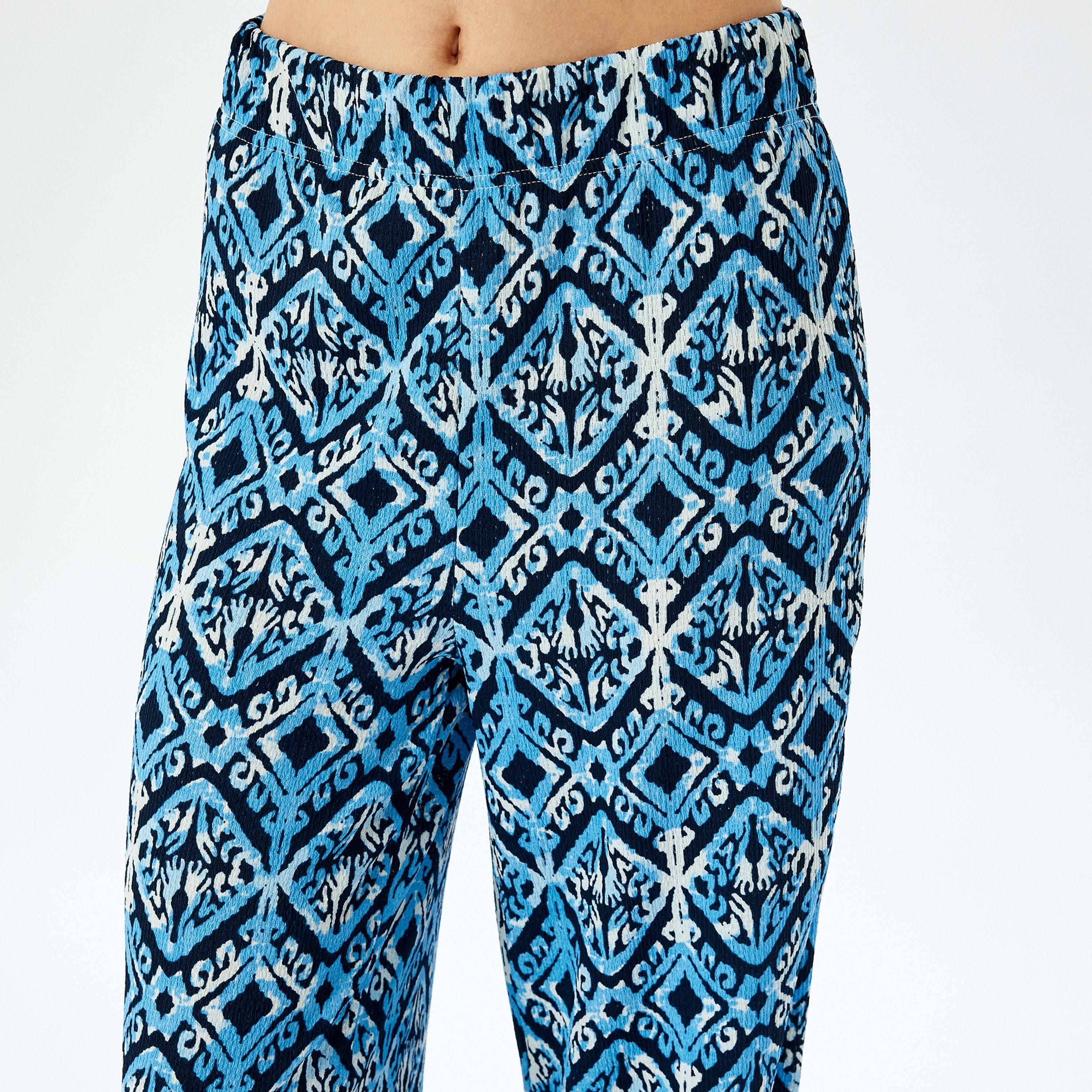 KOTON Blue Geometric Print Elasticated Wide Women's Trousers-women-clothing-bottoms-trousers-image-5