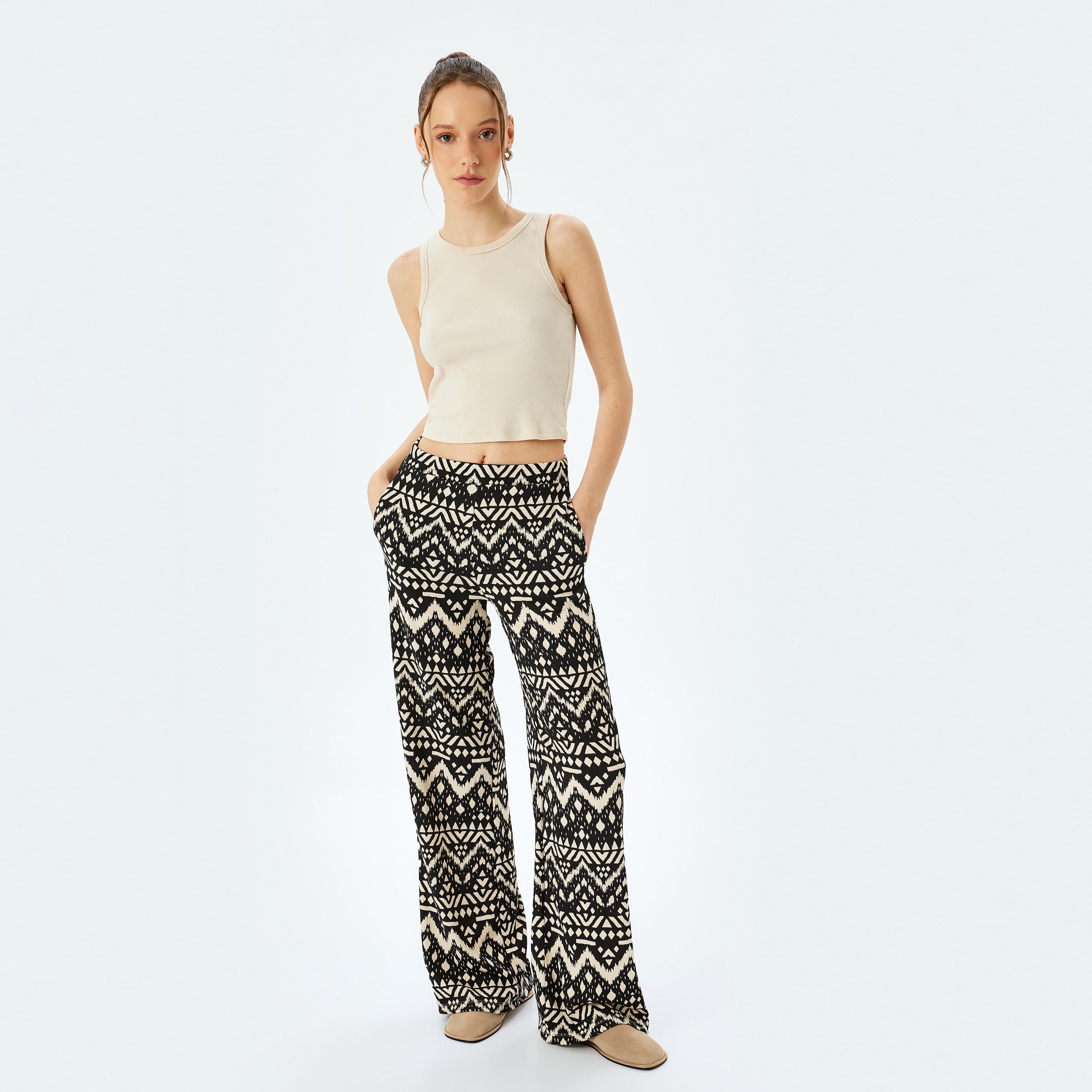 Koton Black Geometric Elasticated Waist Women's Trousers-women-clothing-bottoms-trousers-image-2