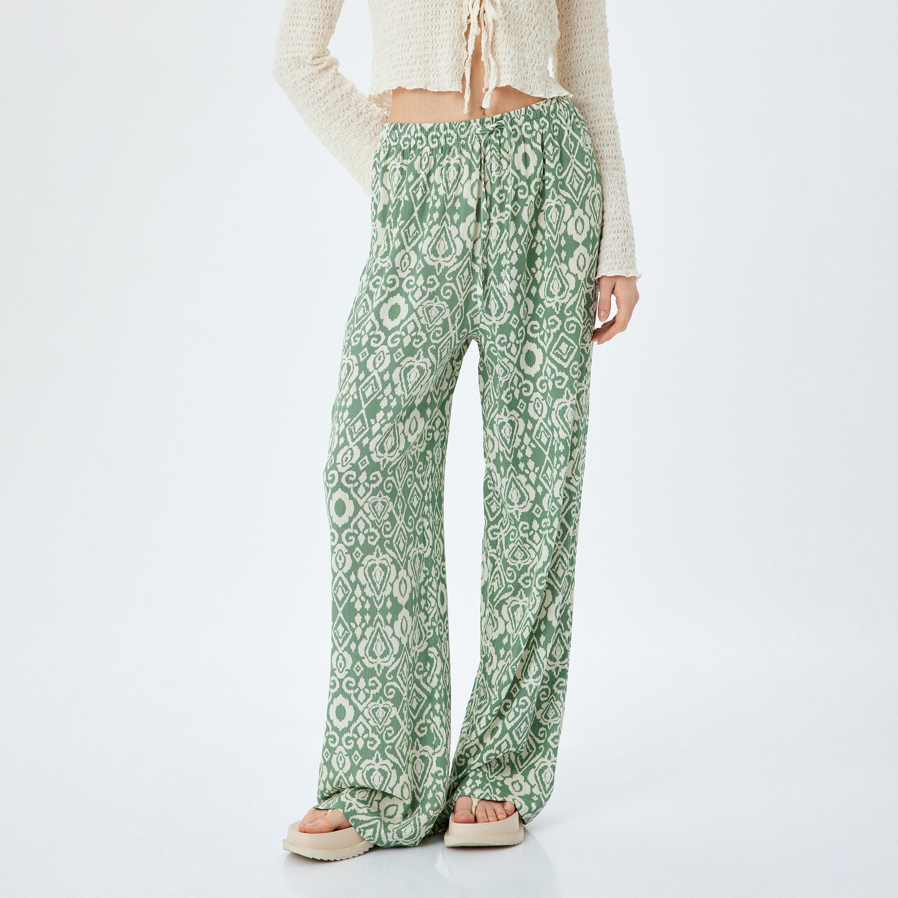 Koton Green Geometric Drawstring Women's Trousers-women-clothing-bottoms-trousers-image-1