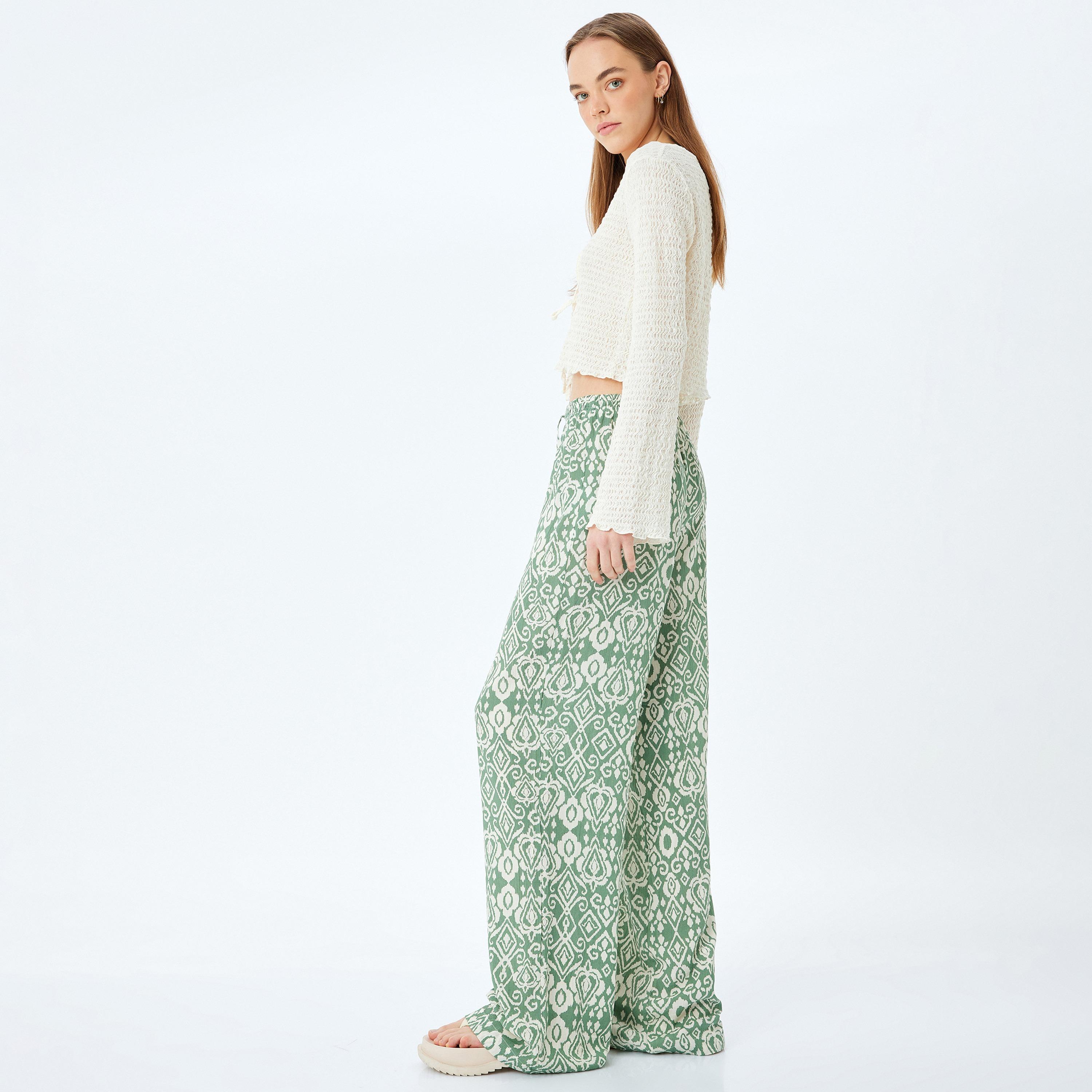 Koton Green Geometric Drawstring Women's Trousers-women-clothing-bottoms-trousers-image-2