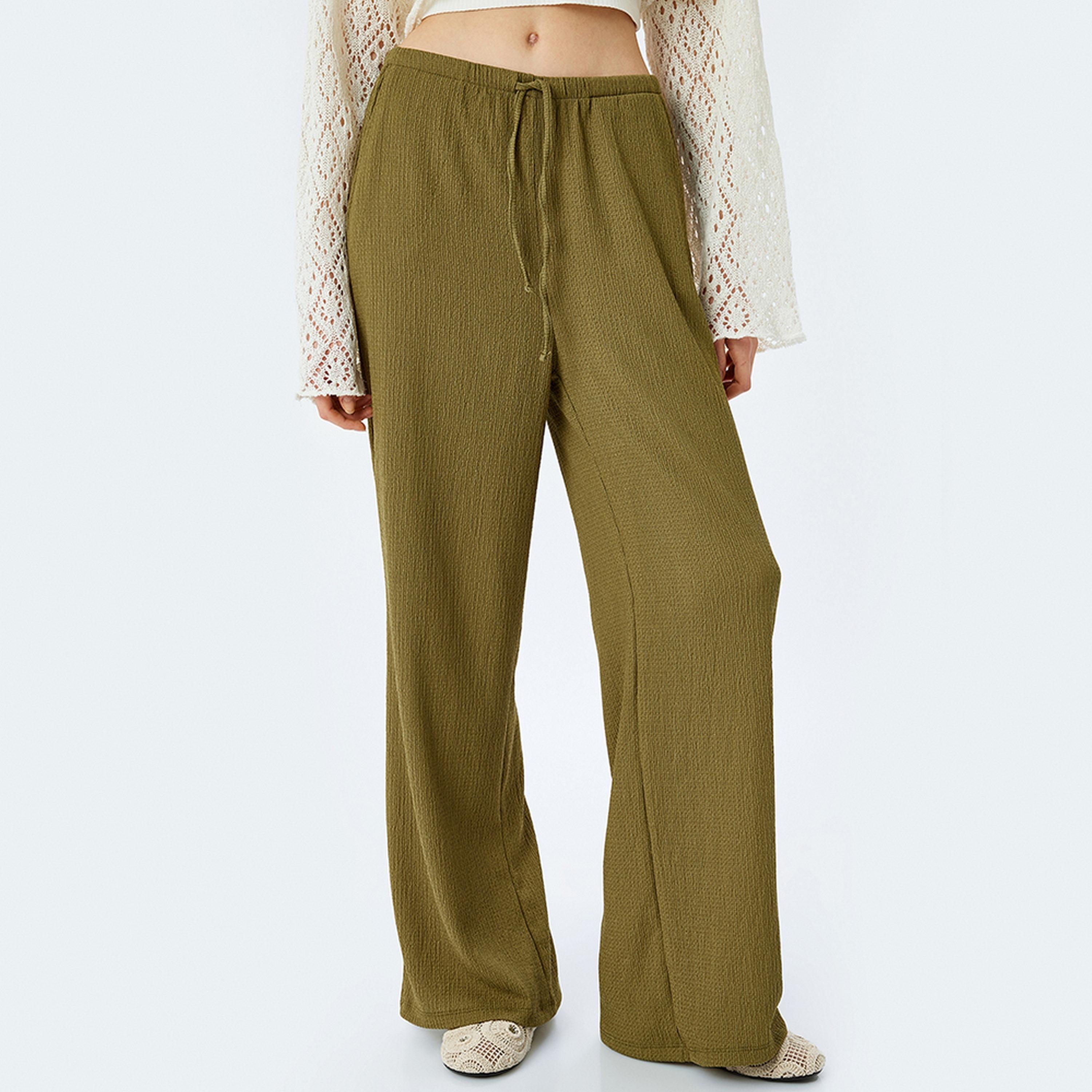 KOTON Green Textured Drawstring Wide Women's Trousers-women-clothing-bottoms-trousers-image-1