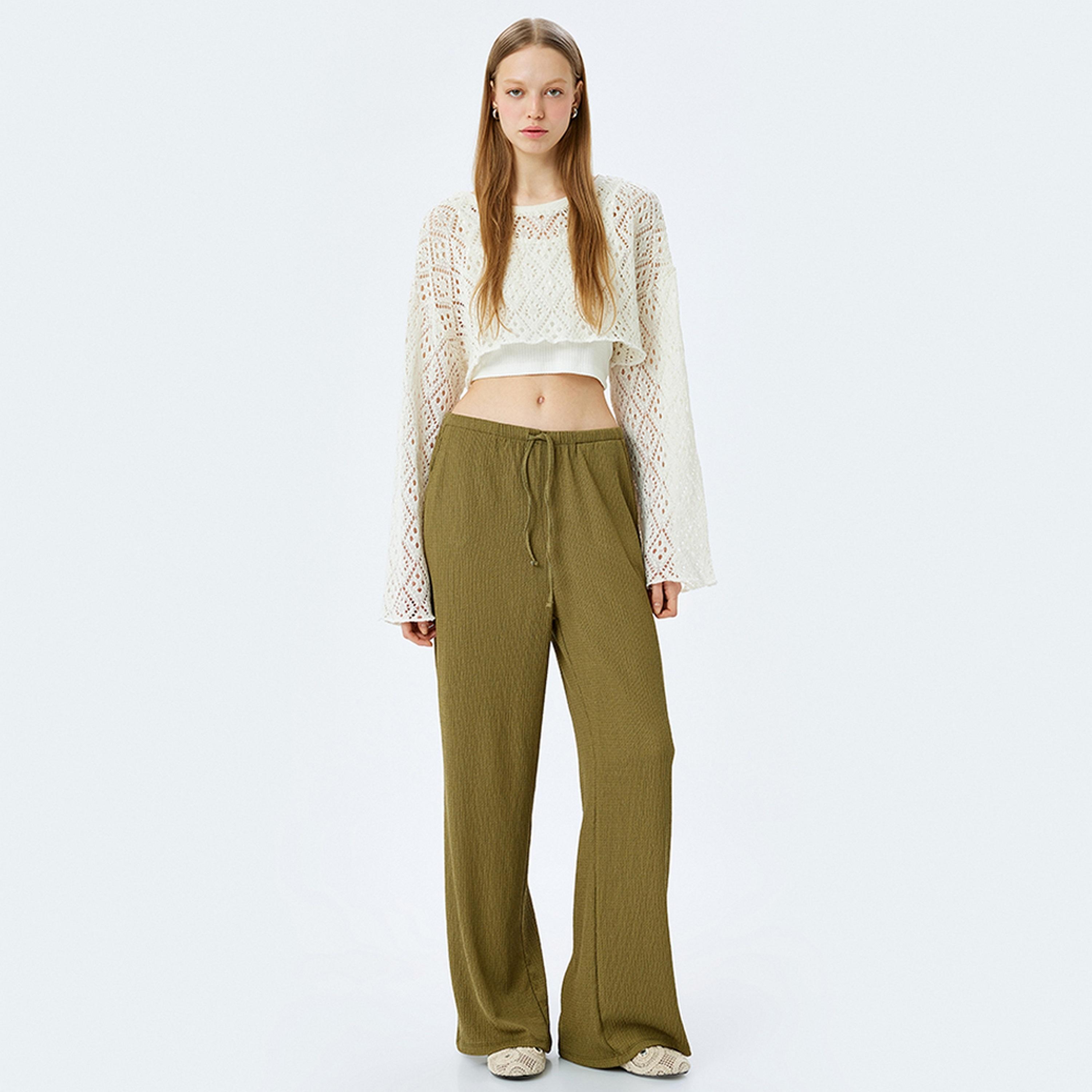 KOTON Green Textured Drawstring Wide Women's Trousers-women-clothing-bottoms-trousers-image-2