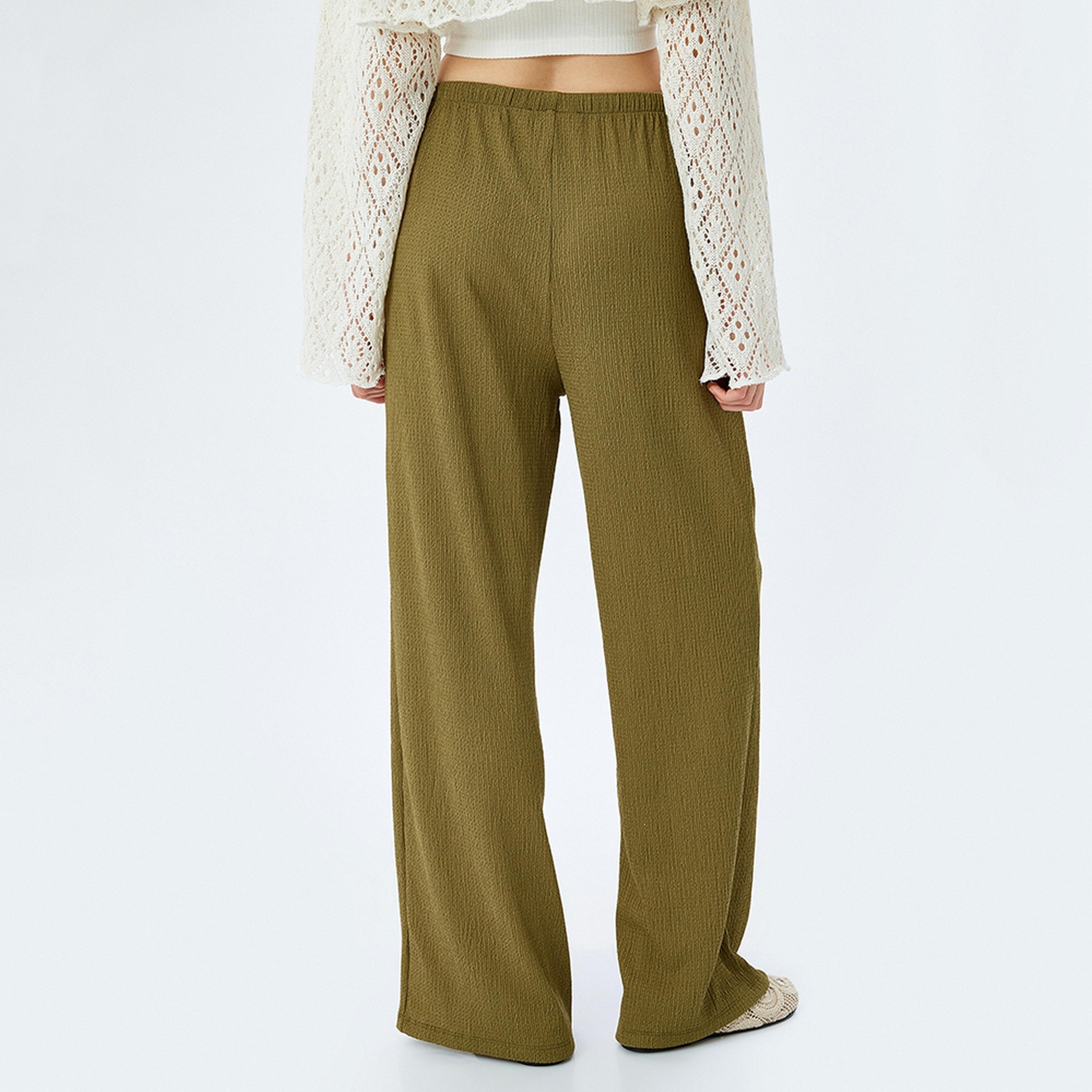 KOTON Green Textured Drawstring Wide Women's Trousers-women-clothing-bottoms-trousers-image-3
