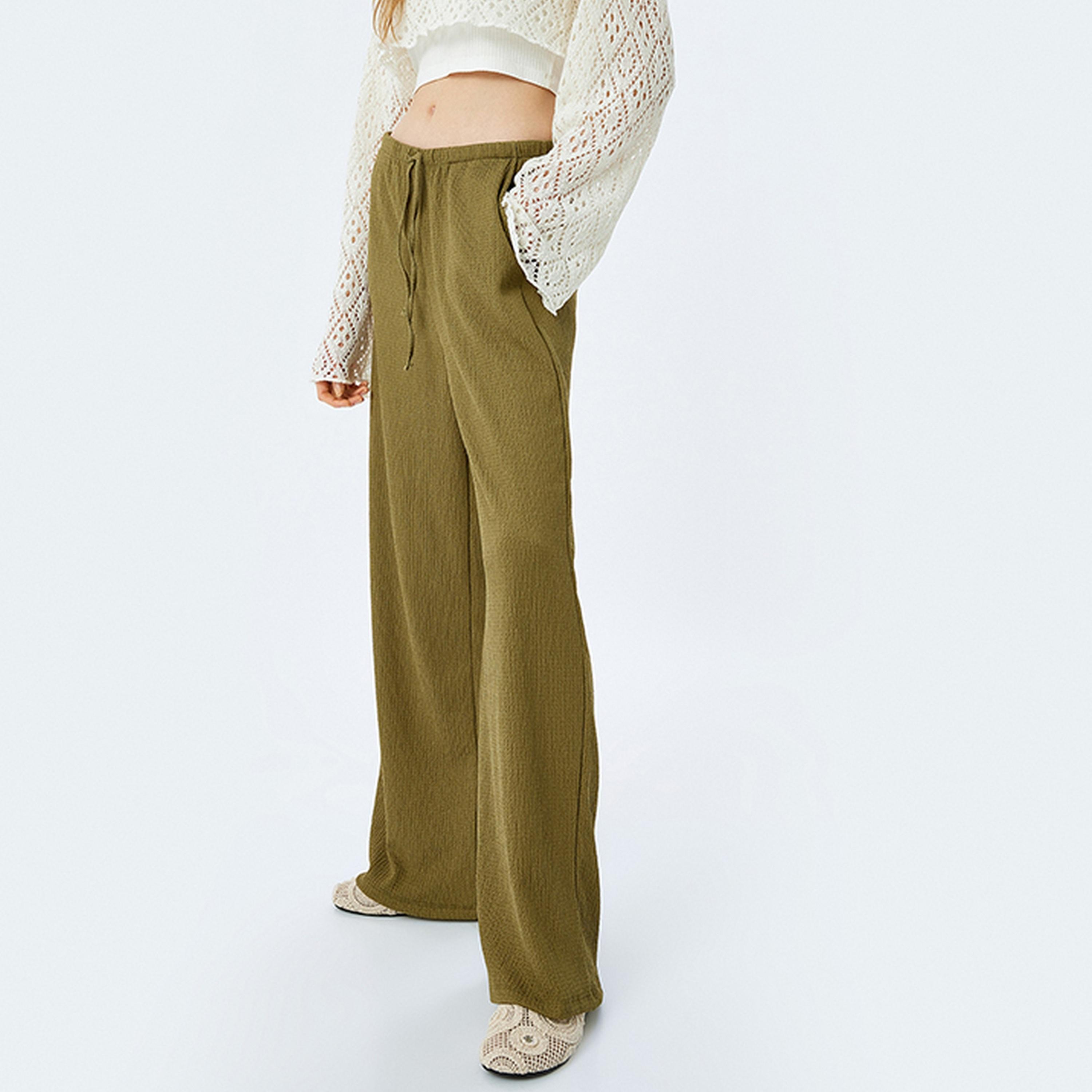 KOTON Green Textured Drawstring Wide Women's Trousers-women-clothing-bottoms-trousers-image-4