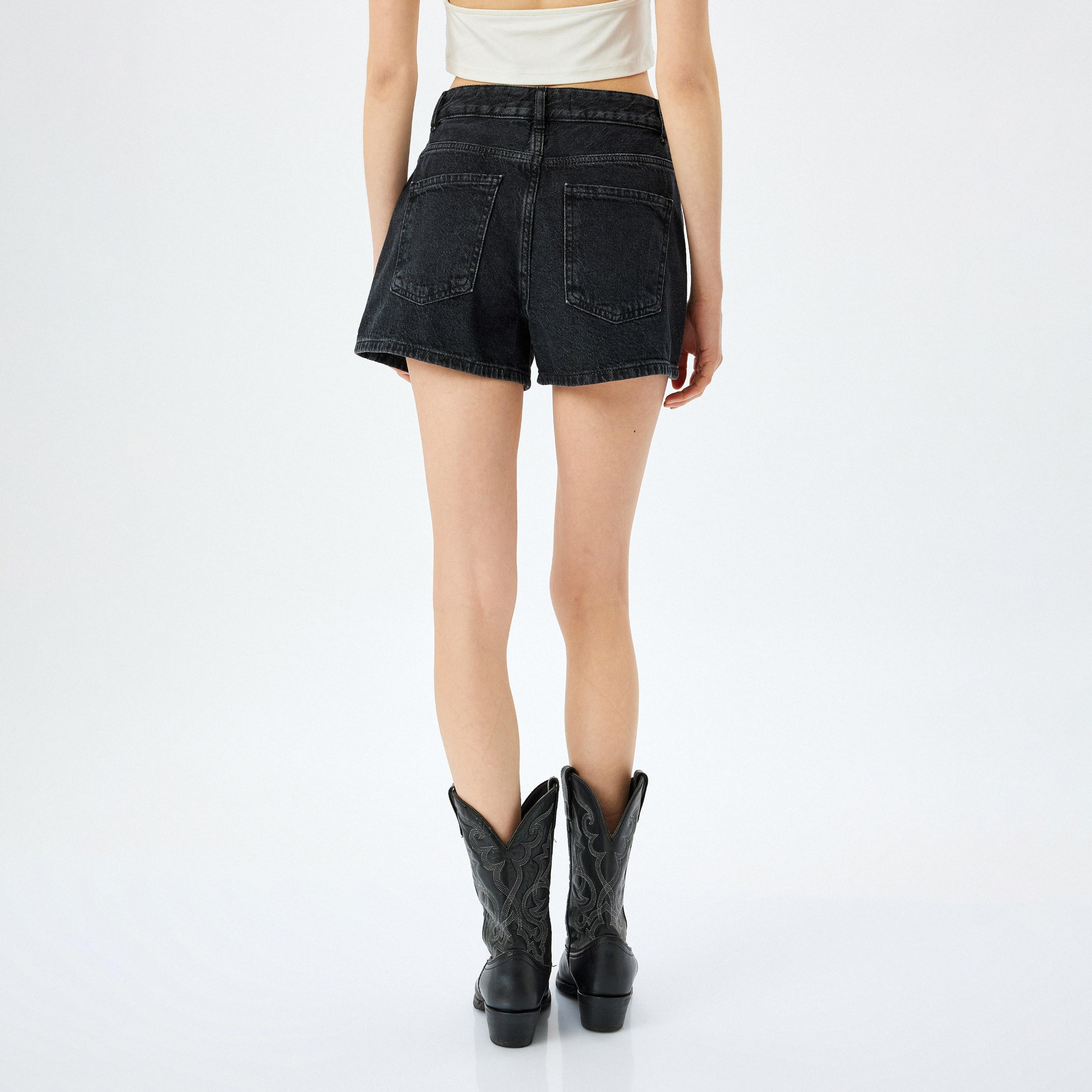 Koton Black Plain Button Women's Denim Shorts-women-clothing-bottoms-shorts-image-3