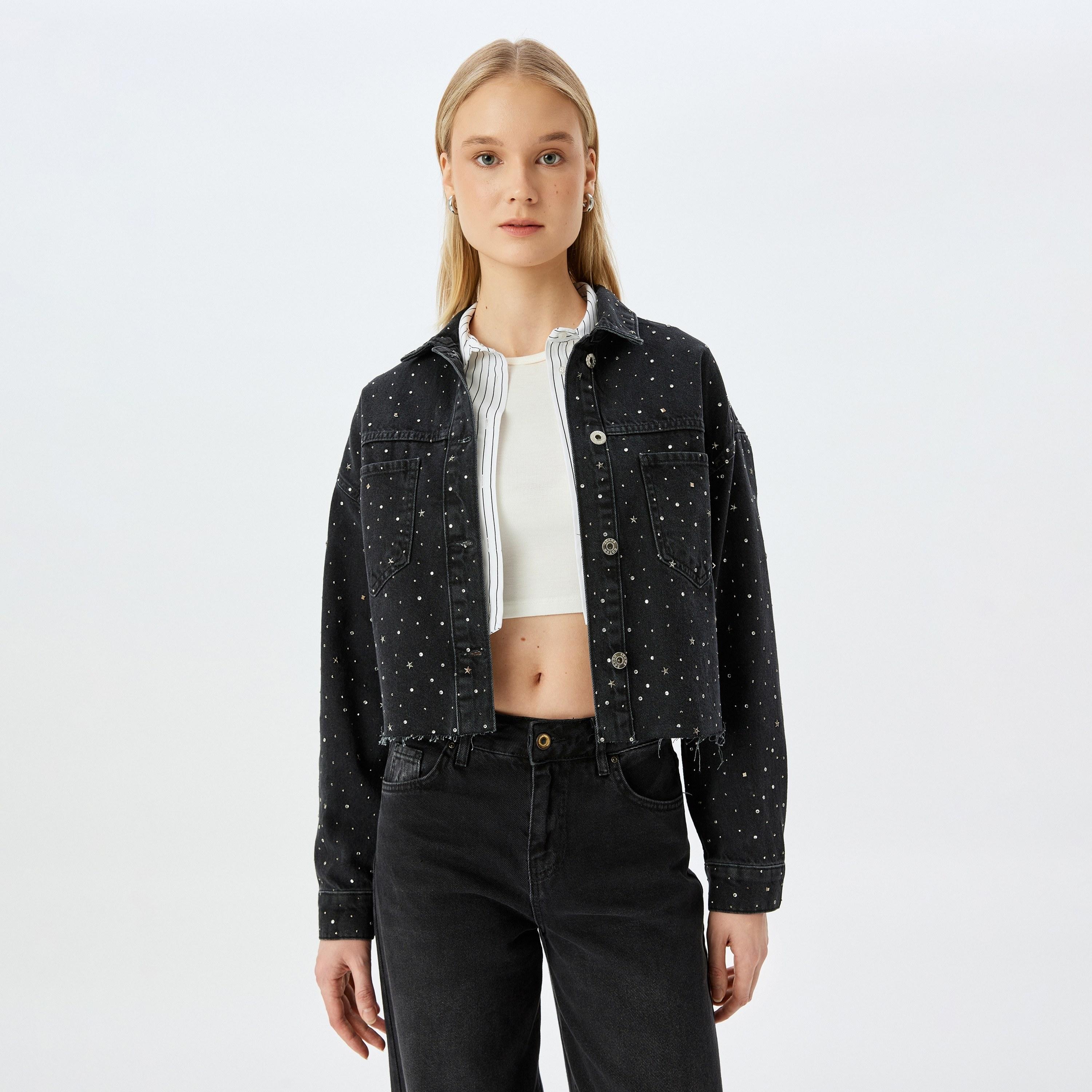 Koton Black Studded Spread Collar Long Sleeves Women's Denim Jacket-women-winterwear-coatsandjackets-jackets-image-1