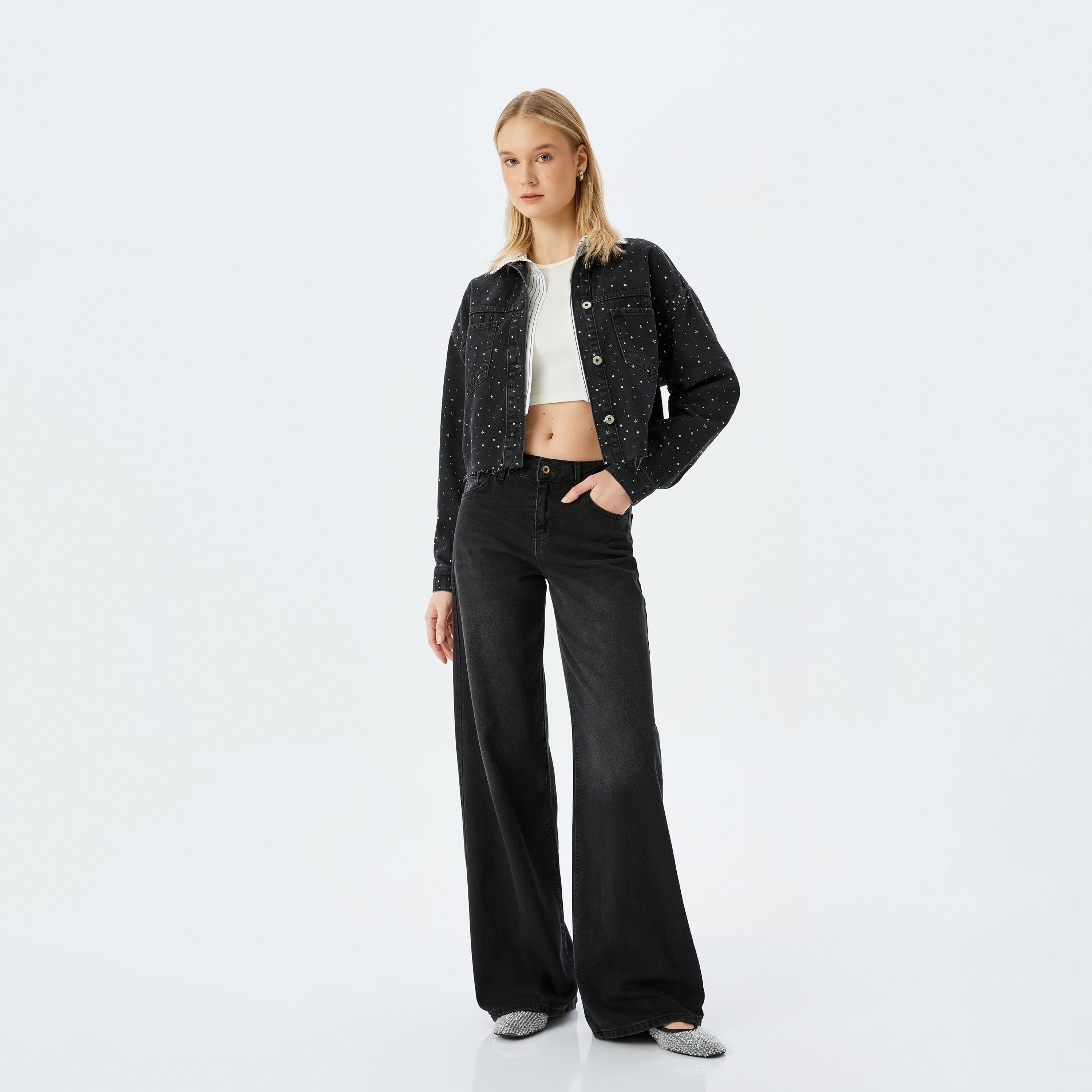 Koton Black Studded Spread Collar Long Sleeves Women's Denim Jacket-women-winterwear-coatsandjackets-jackets-image-2
