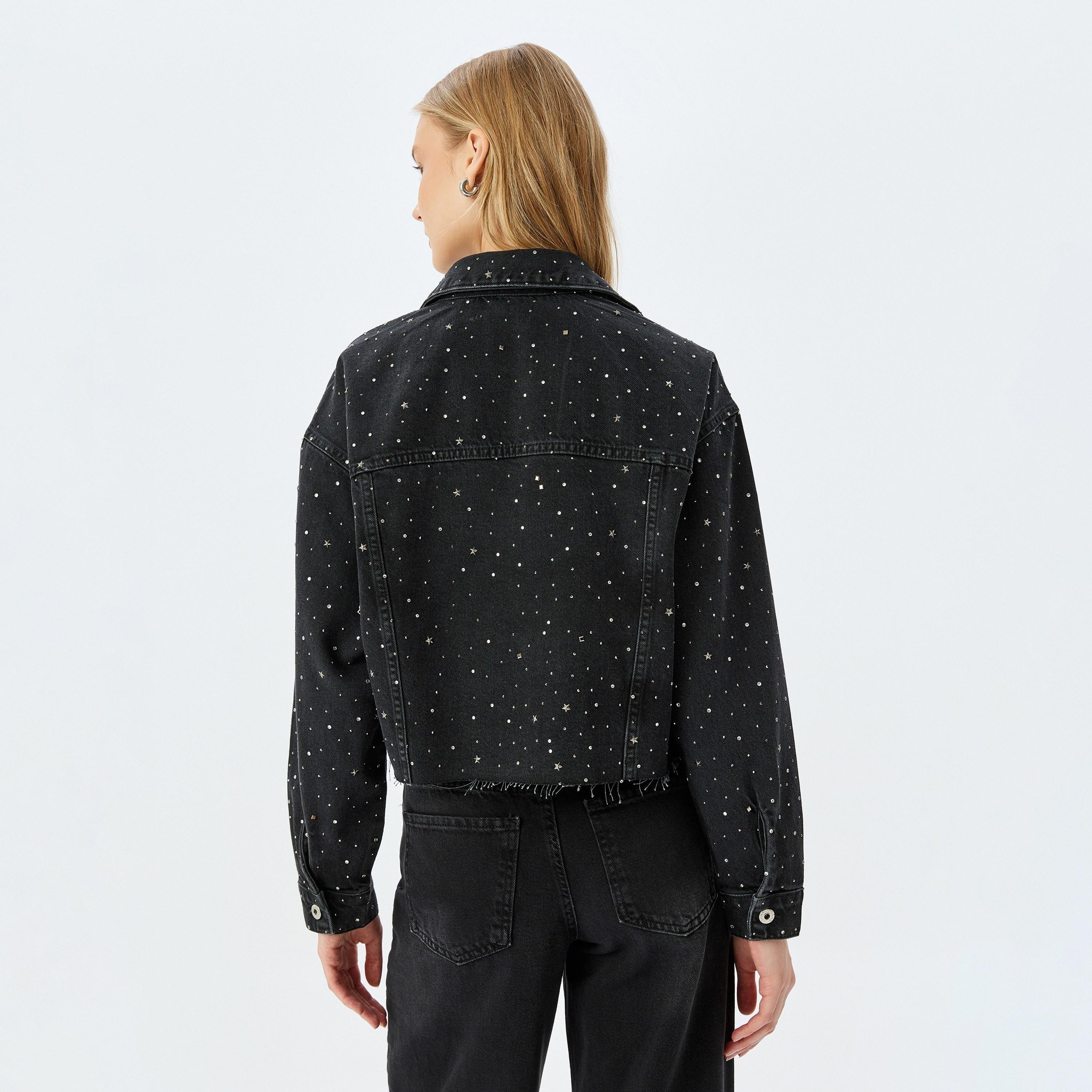 Koton Black Studded Spread Collar Long Sleeves Women's Denim Jacket-women-winterwear-coatsandjackets-jackets-image-3
