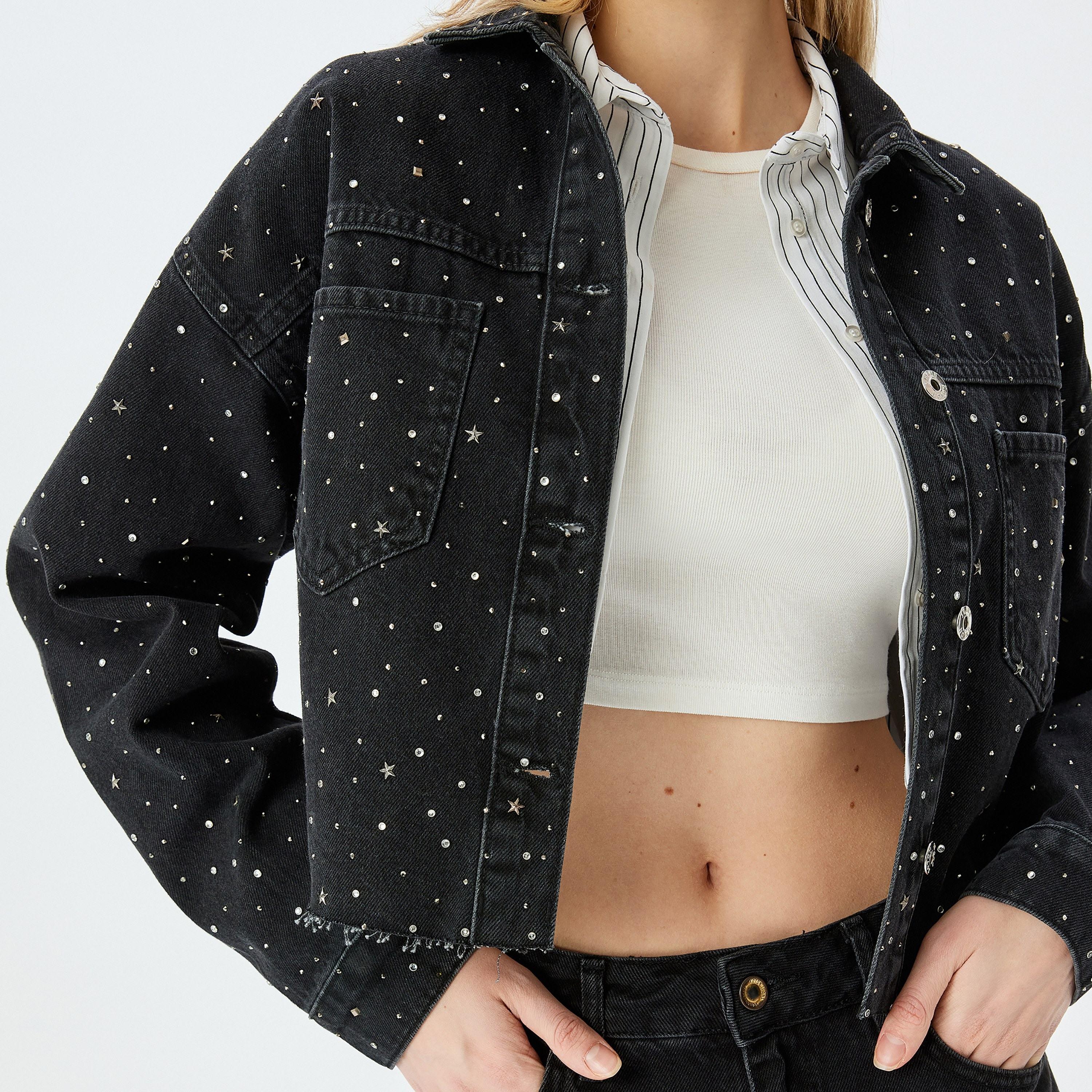 Koton Black Studded Spread Collar Long Sleeves Women's Denim Jacket-women-winterwear-coatsandjackets-jackets-image-4