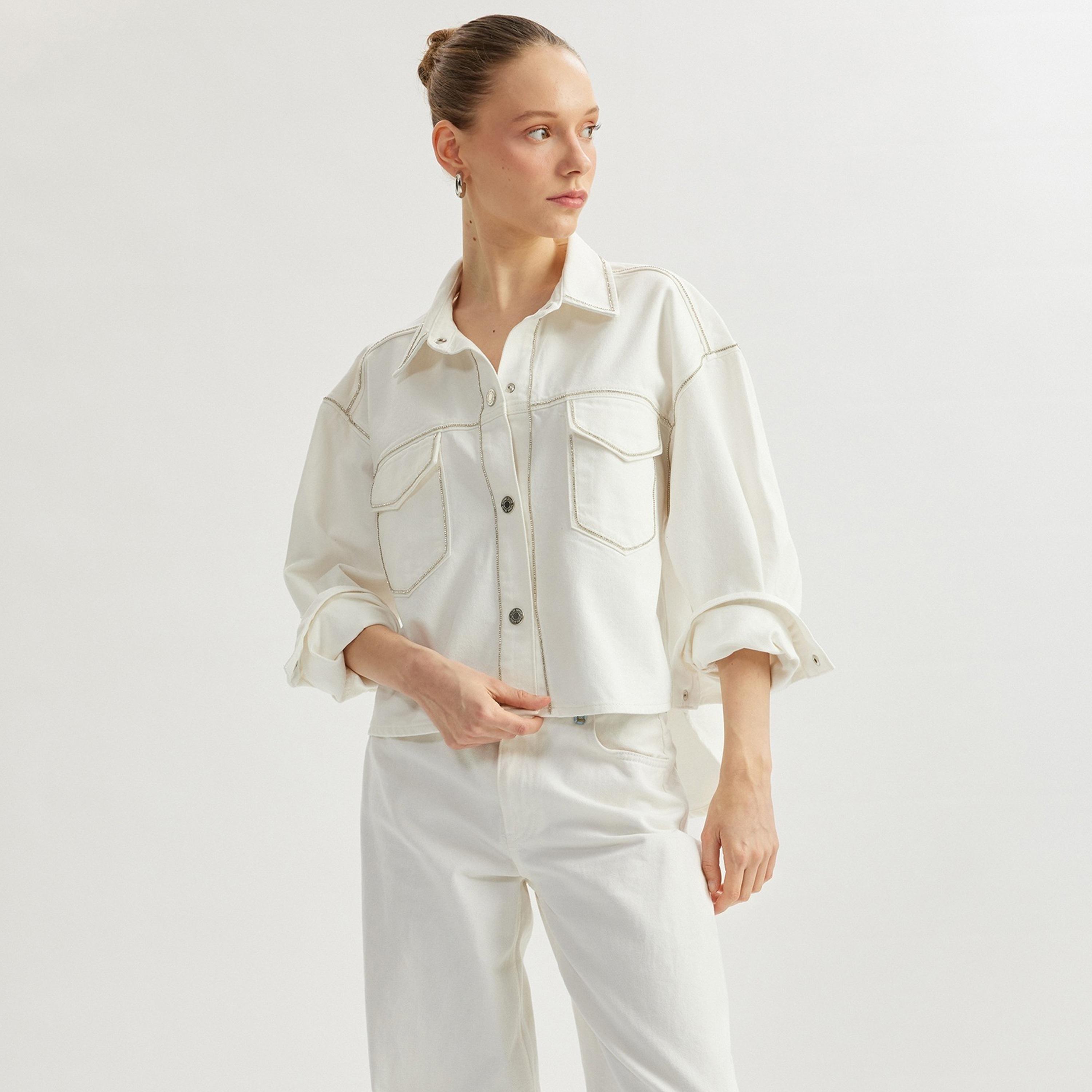 Koton White Rhinestone Detailed Spread Collar Long Sleeves Women's Denim Jacket-women-winterwear-coatsandjackets-jackets-image-1
