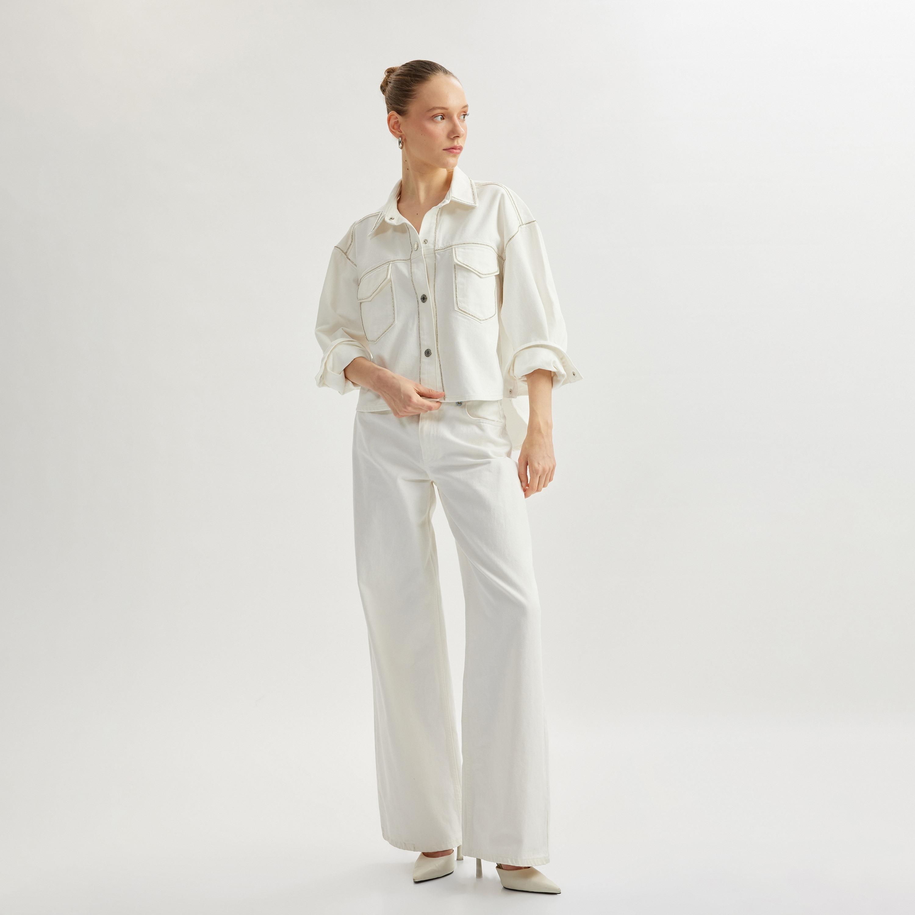 Koton White Rhinestone Detailed Spread Collar Long Sleeves Women's Denim Jacket-women-winterwear-coatsandjackets-jackets-image-2
