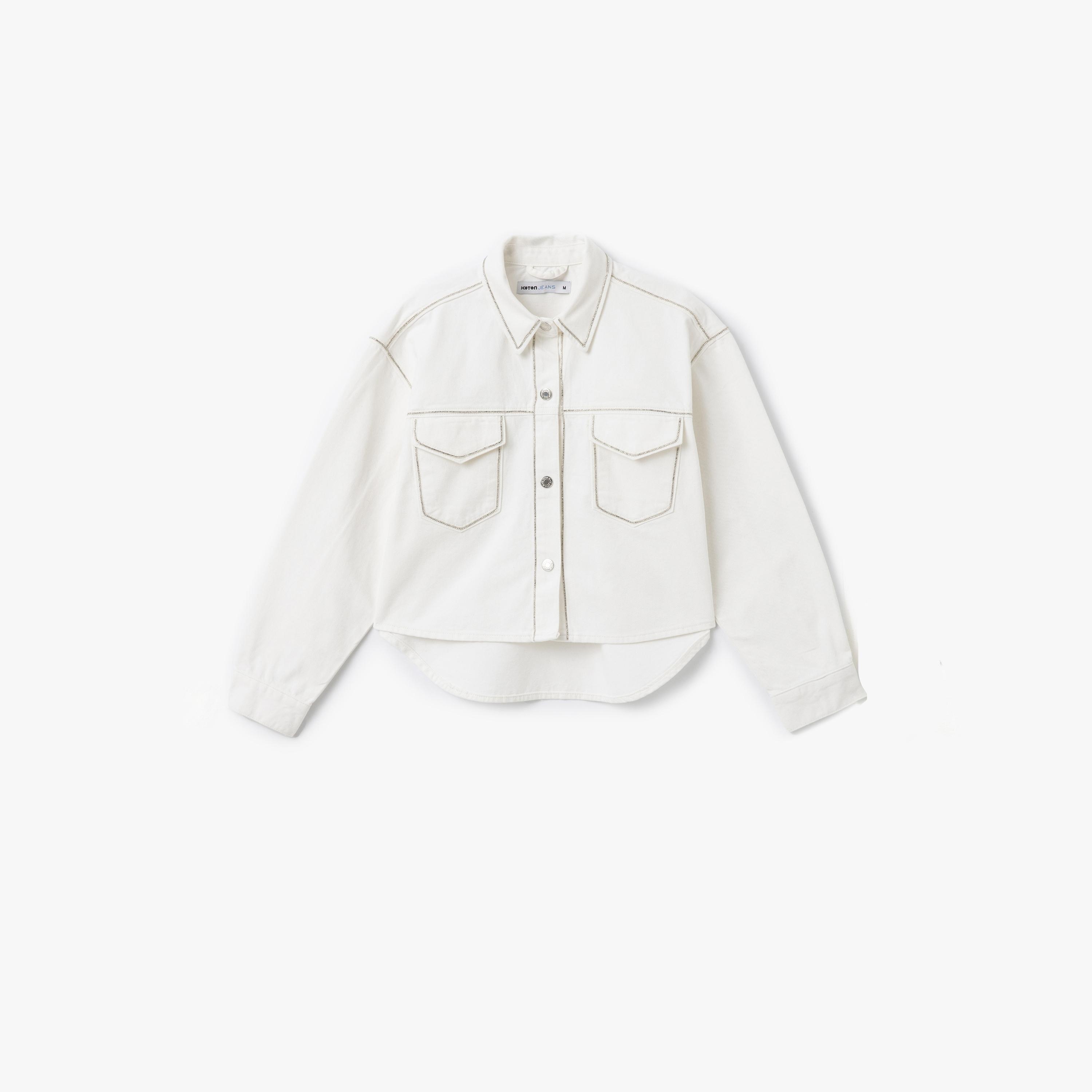 Koton White Rhinestone Detailed Spread Collar Long Sleeves Women's Denim Jacket-women-winterwear-coatsandjackets-jackets-image-4