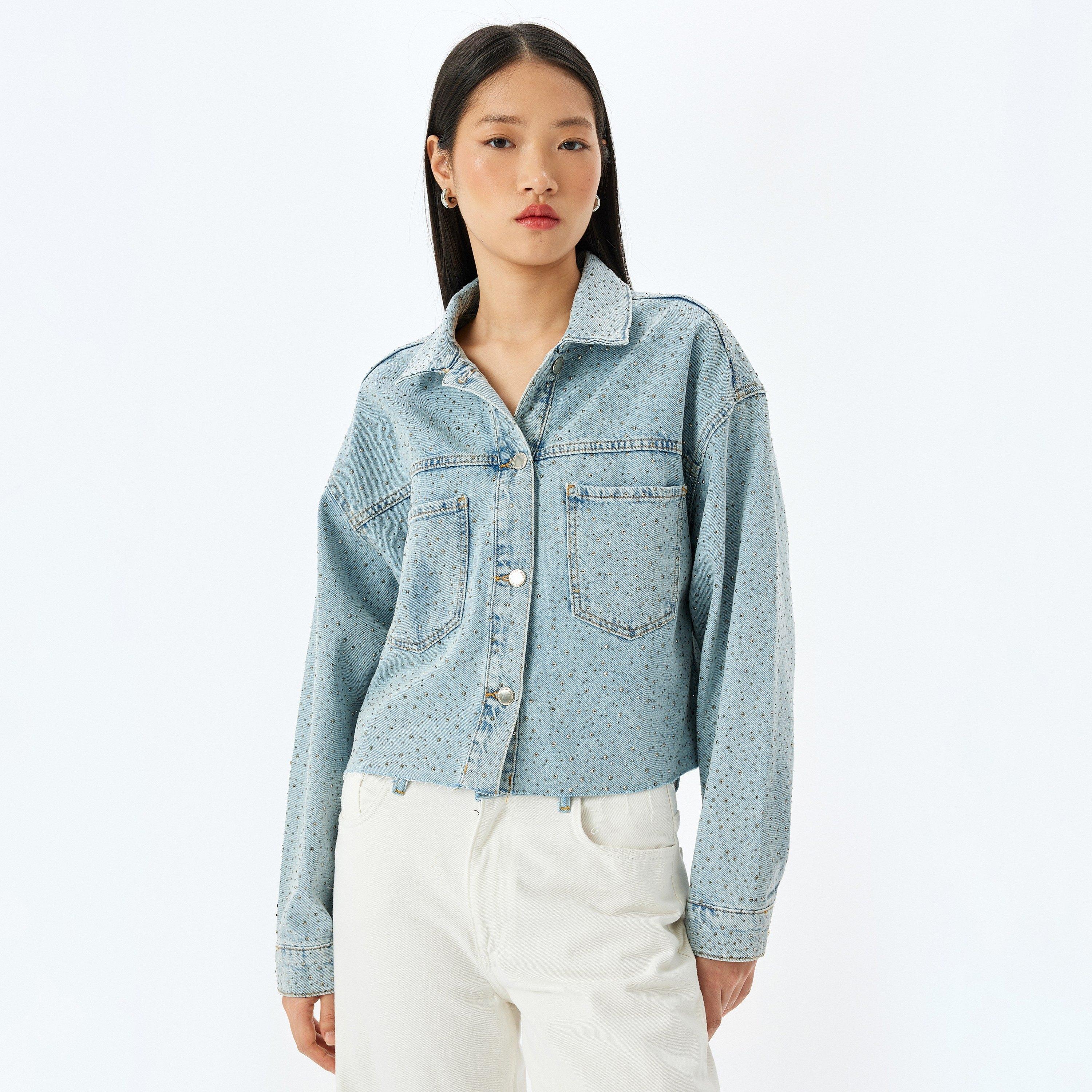 Koton Light Blue Studded Spread Collar Long Sleeves Women's Denim Jacket-women-winterwear-coatsandjackets-jackets-image-1