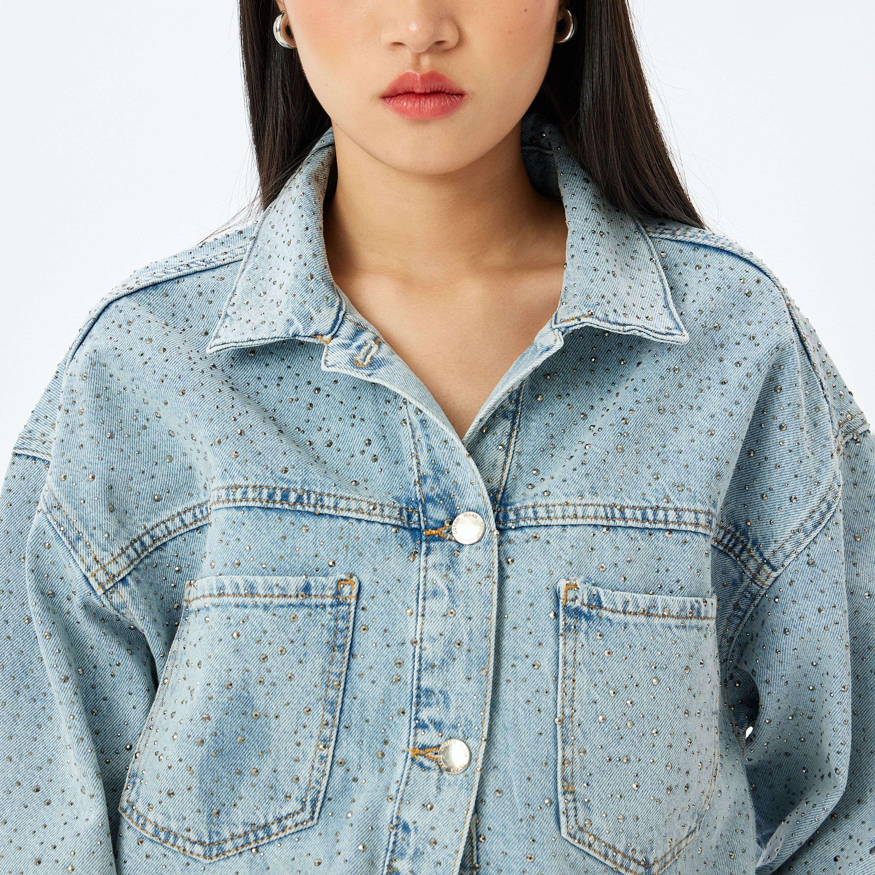 Koton Light Blue Studded Spread Collar Long Sleeves Women's Denim Jacket-women-winterwear-coatsandjackets-jackets-image-2
