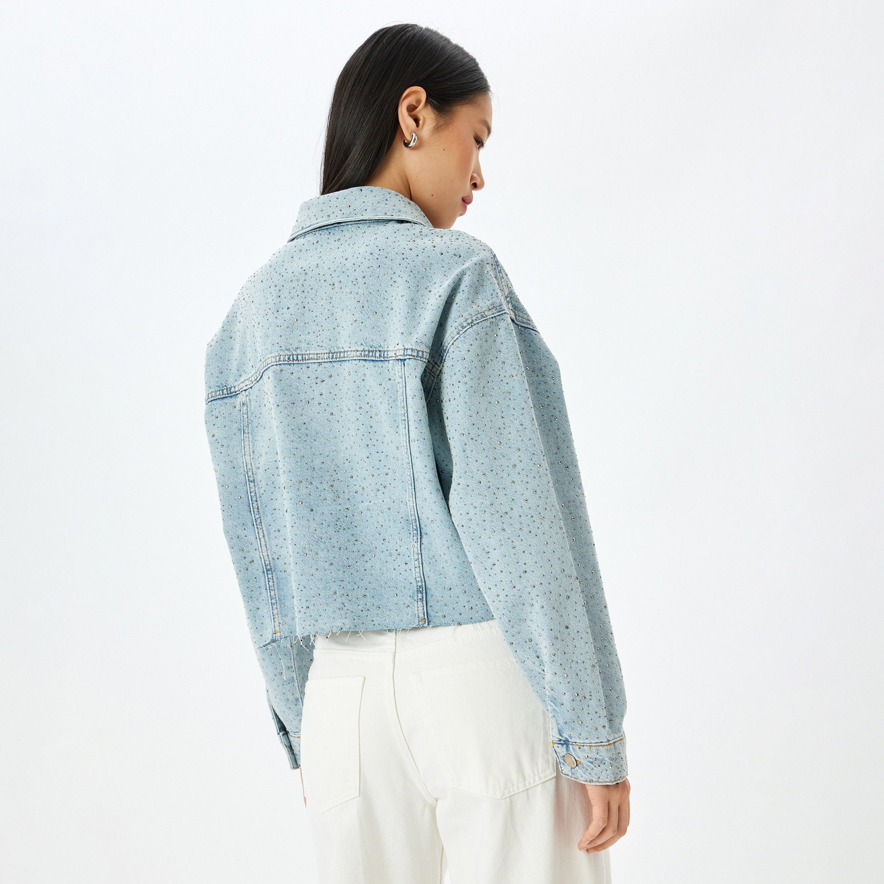 Koton Light Blue Studded Spread Collar Long Sleeves Women's Denim Jacket-women-winterwear-coatsandjackets-jackets-image-3