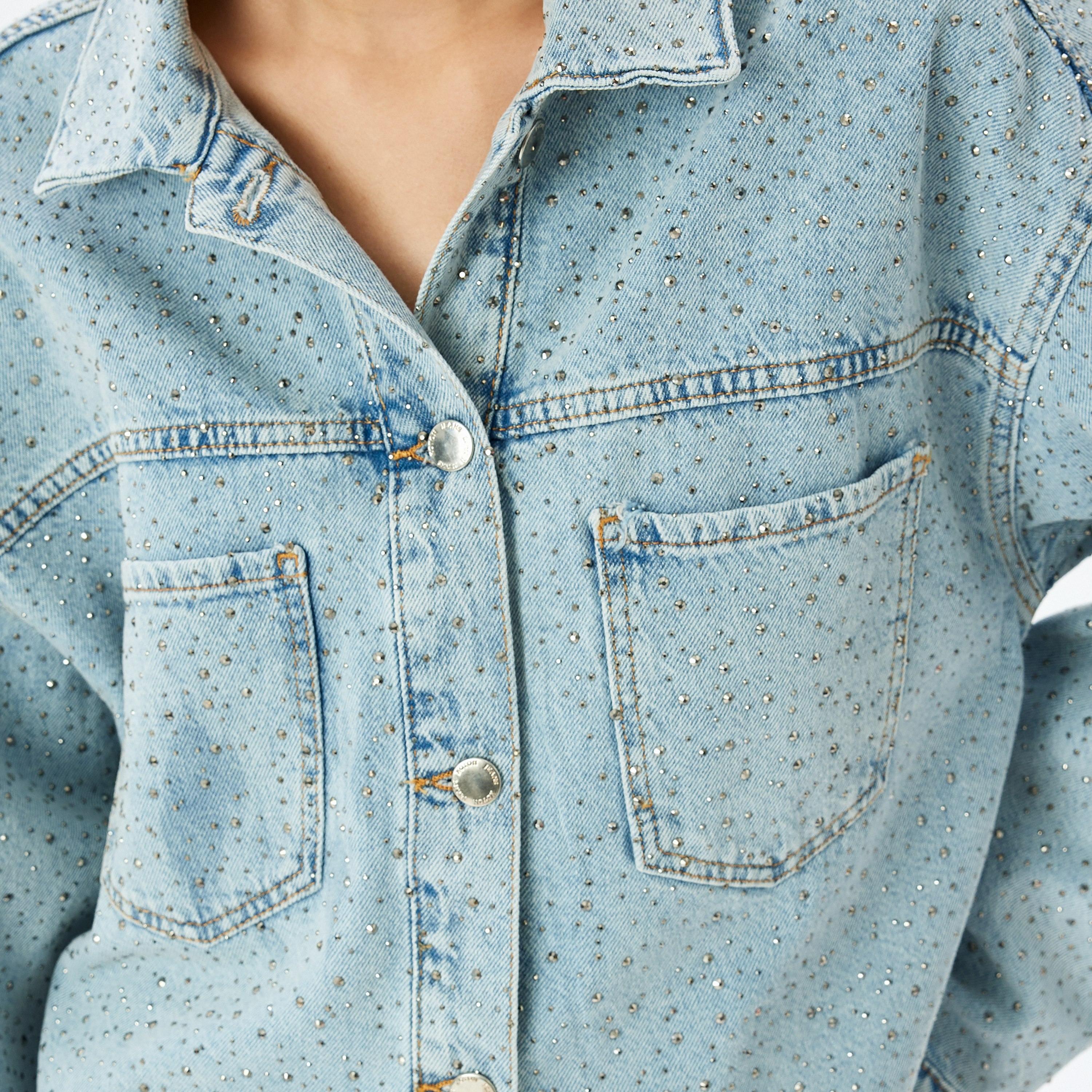 Koton Light Blue Studded Spread Collar Long Sleeves Women's Denim Jacket-women-winterwear-coatsandjackets-jackets-image-4