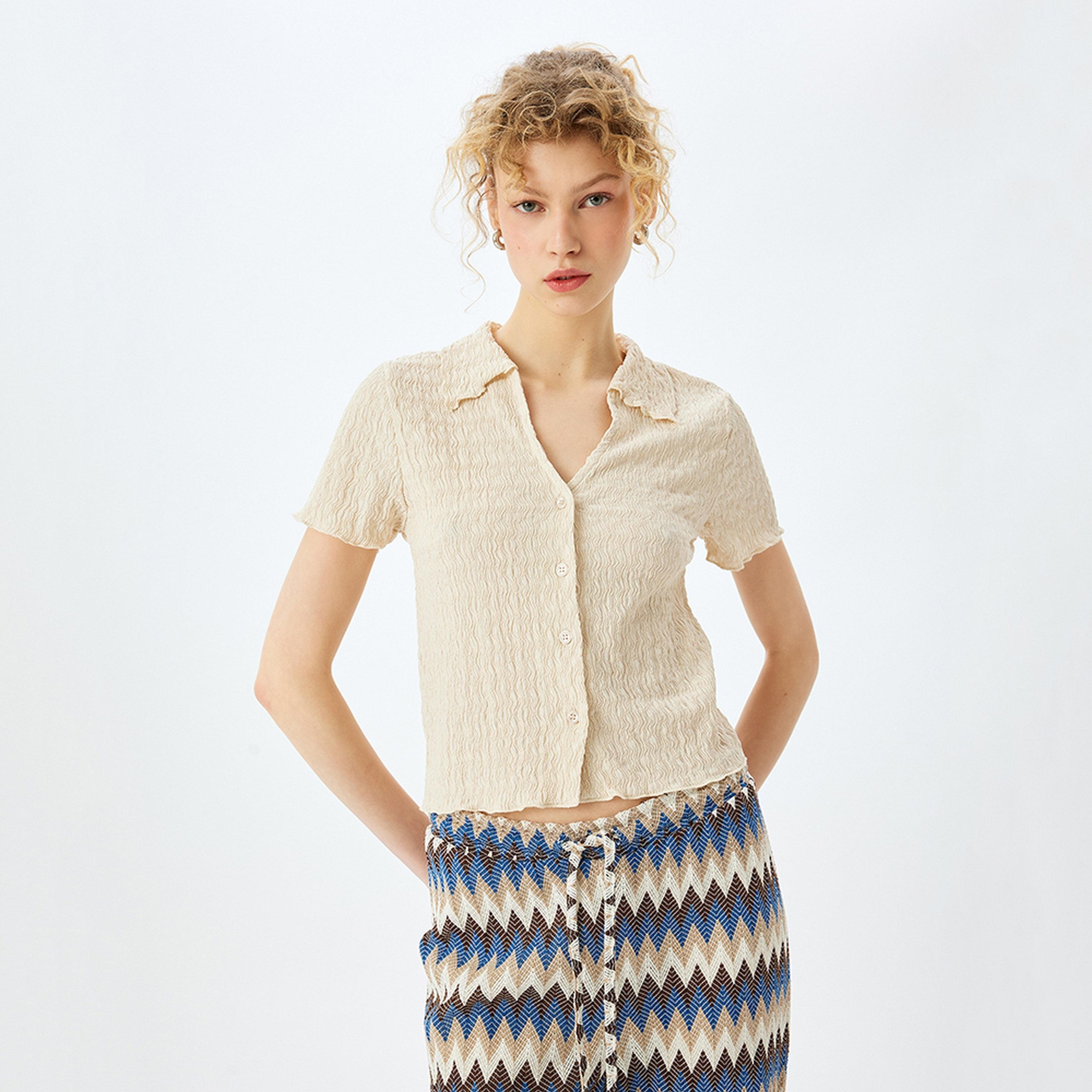 KOTON Textured Collared Short Sleeves Women's Shirt-women-clothing-shirtsandblouses-shirts-image-1