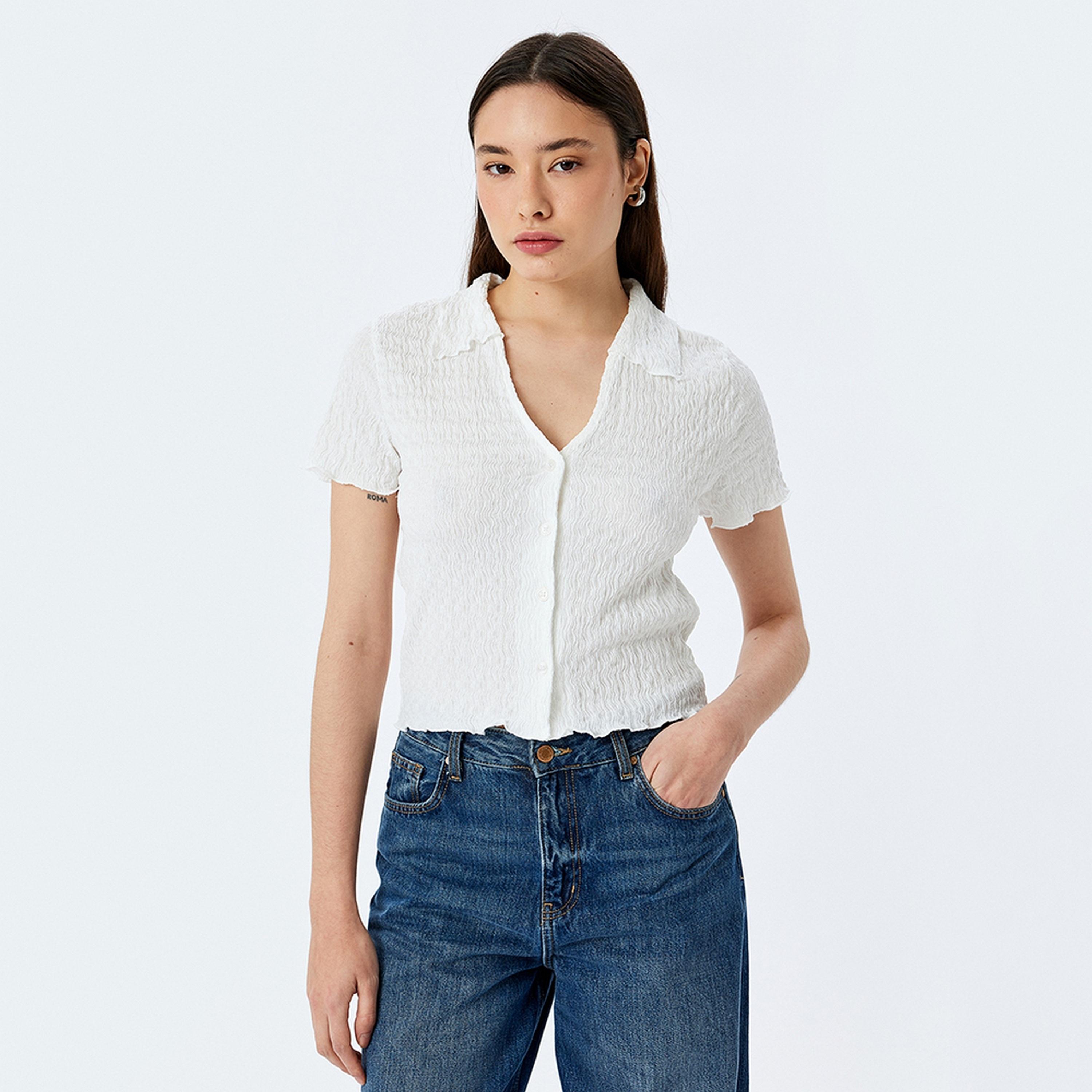 KOTON Textured Collared Short Sleeves Women's Shirt-women-clothing-shirtsandblouses-shirts-image-1