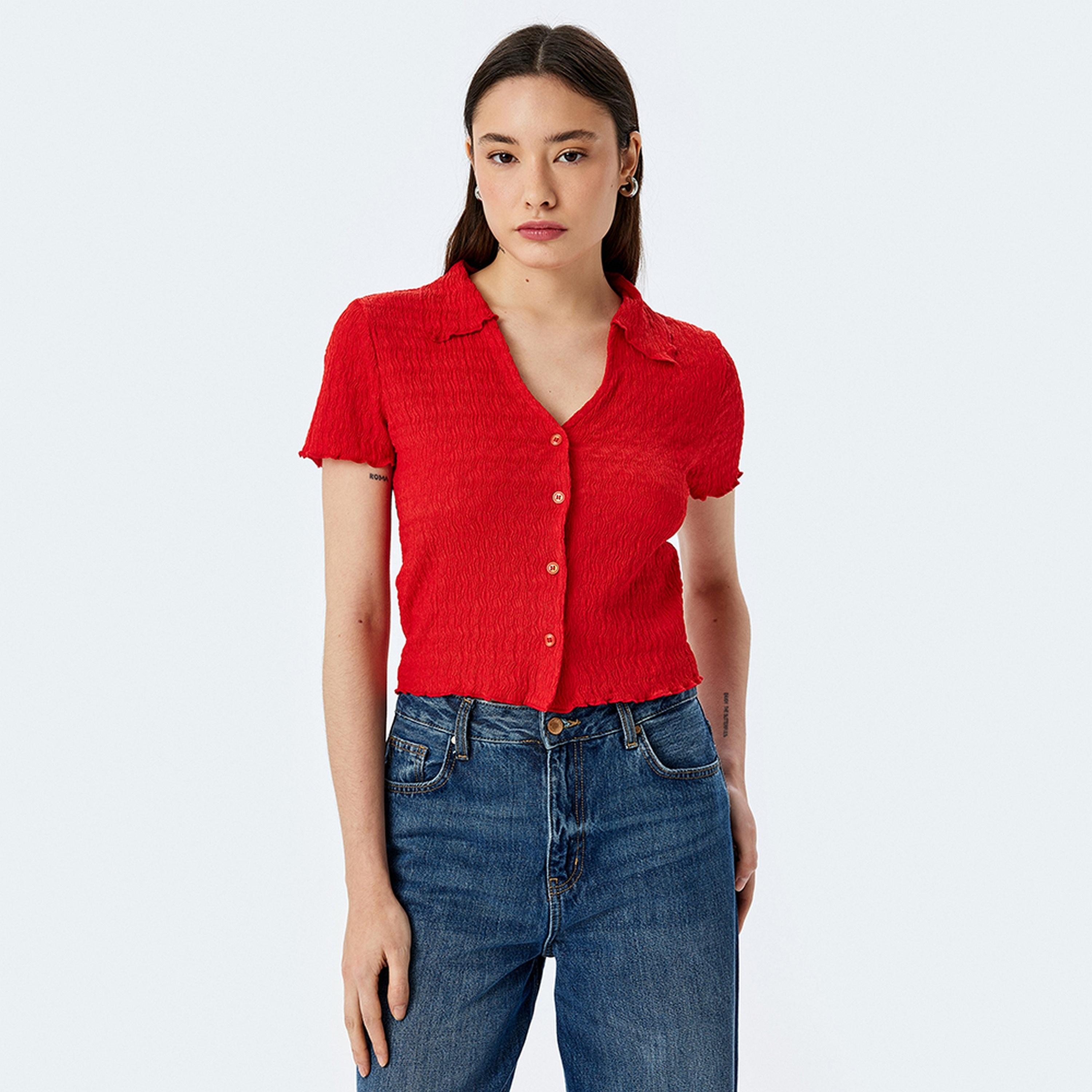 KOTON Textured Collared Short Sleeves Women's Shirt-women-clothing-shirtsandblouses-shirts-image-1