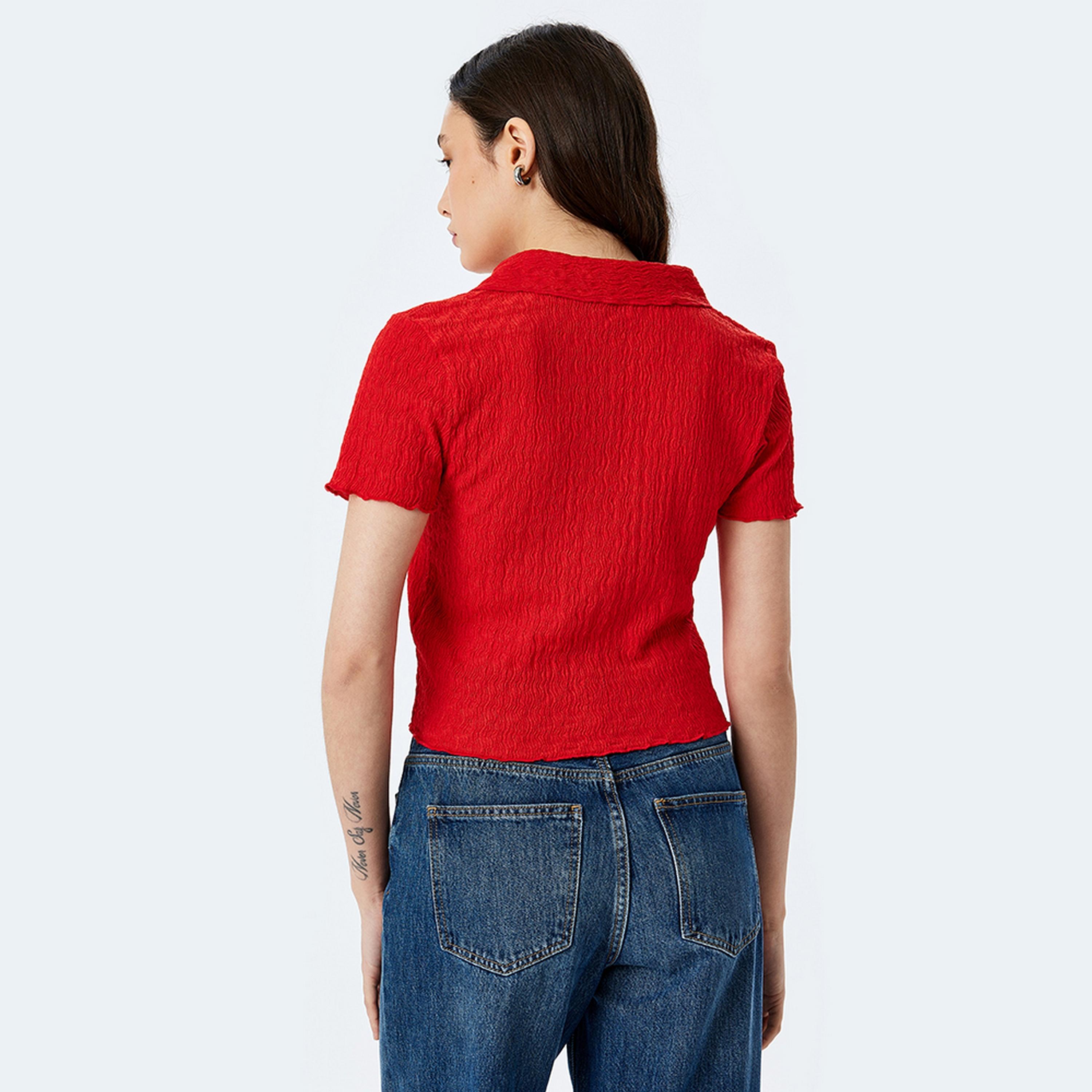 KOTON Textured Collared Short Sleeves Women's Shirt-women-clothing-shirtsandblouses-shirts-image-3
