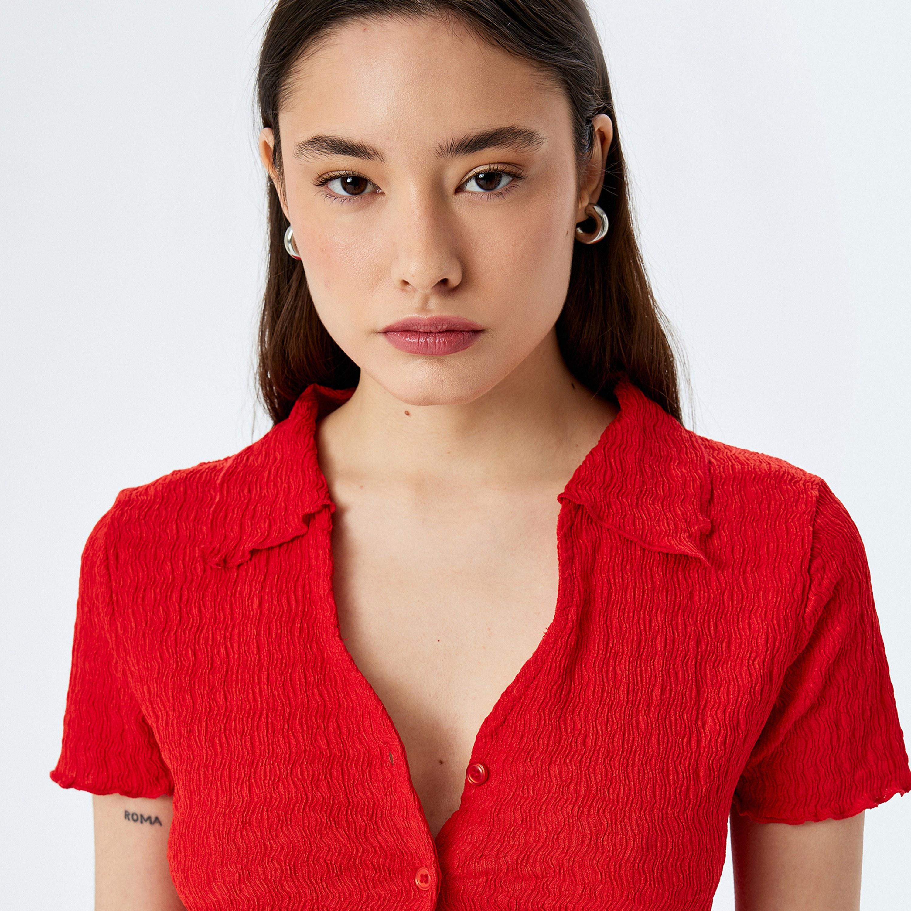 KOTON Textured Collared Short Sleeves Women's Shirt-women-clothing-shirtsandblouses-shirts-image-4
